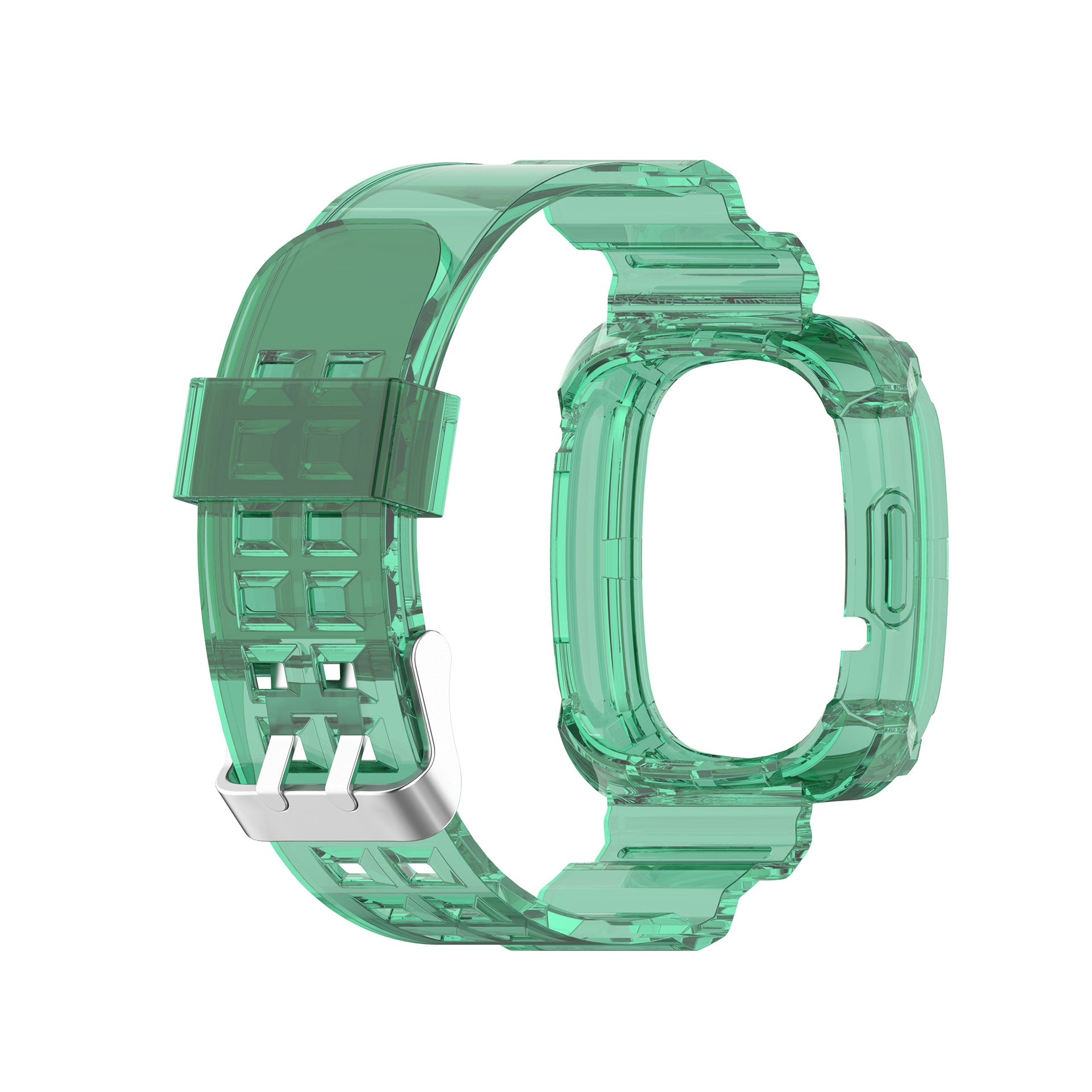 Transparent mint green case and sport strap band for Fitbit Versa 3, Versa 4, and Sense smartwatch with silver buckle