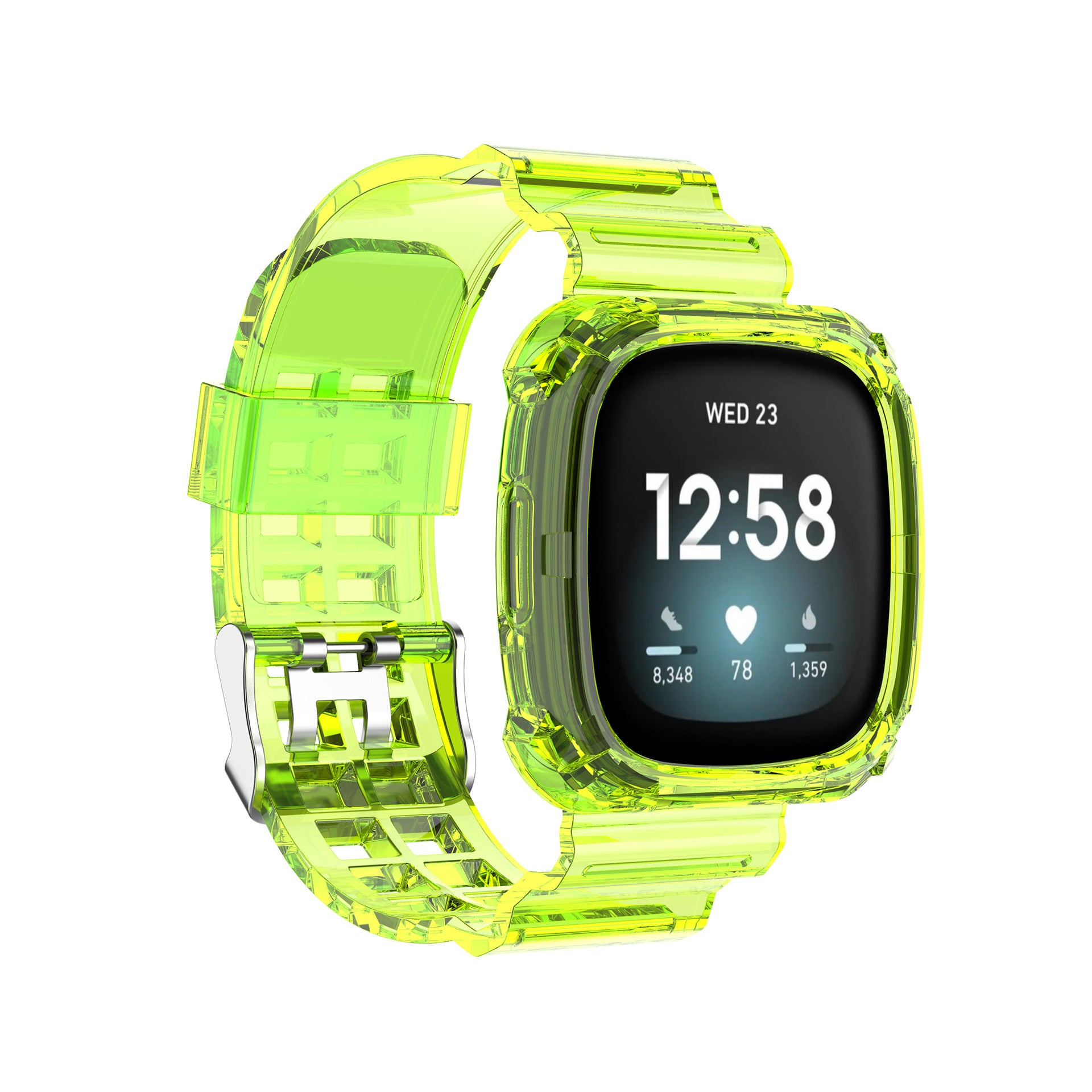 Transparent neon yellow case and band for Fitbit Versa 3 4 and Sense smartwatch showing time display and health metrics