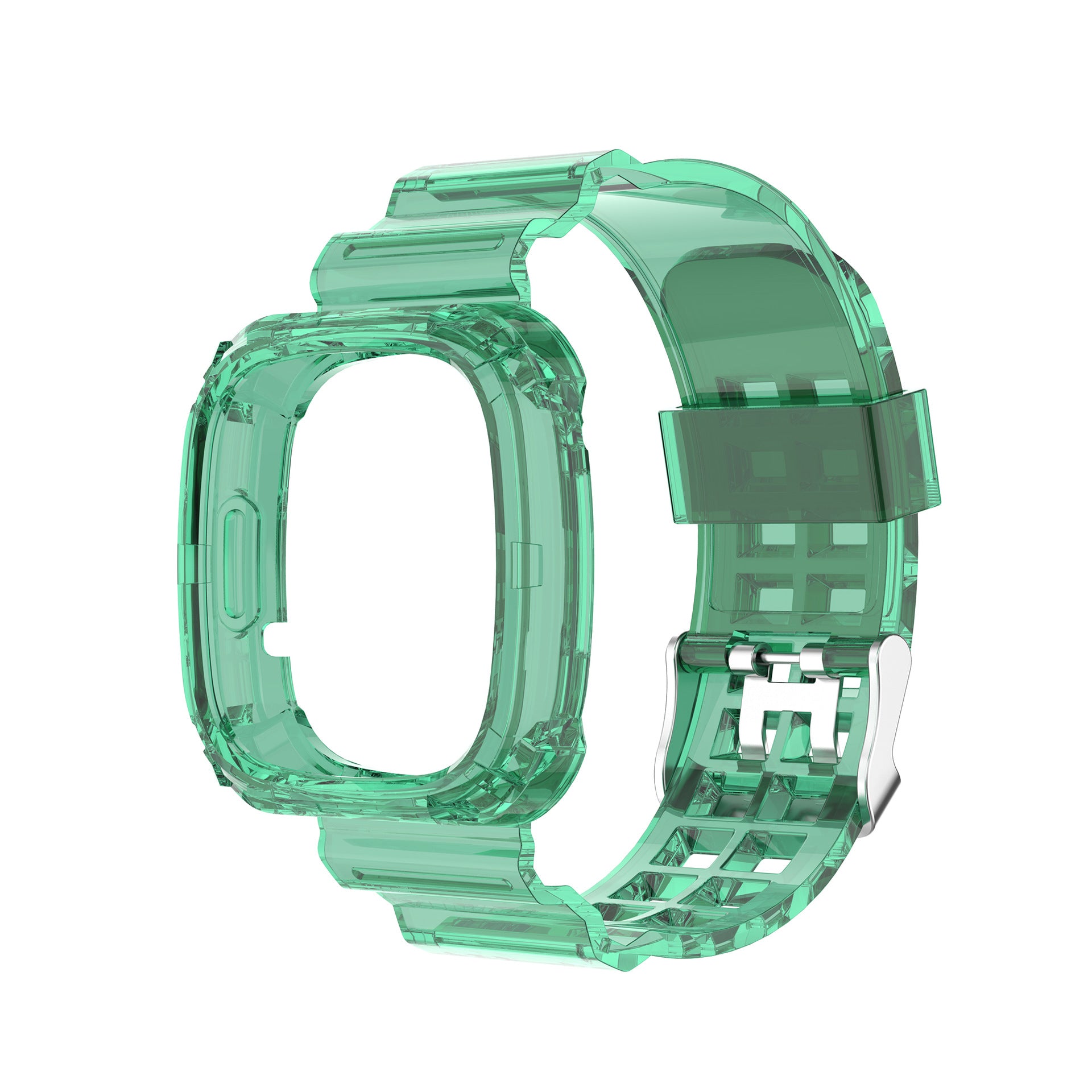 Transparent mint green protective case and band for Fitbit Versa 3, Versa 4, and Sense smartwatch with silver buckle