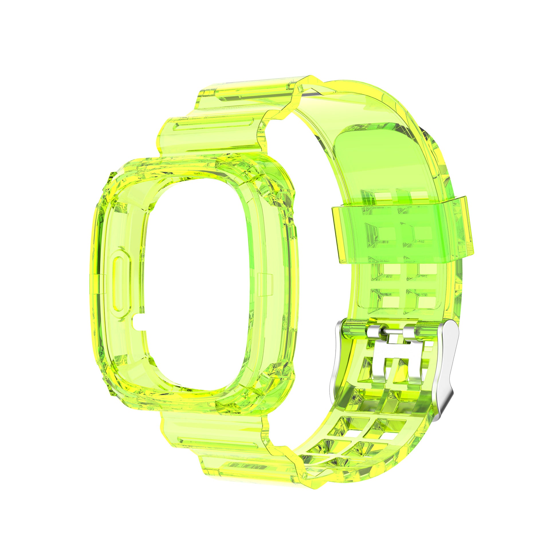Neon yellow transparent smartwatch case and band with silver buckle for Fitbit Versa and Sense models