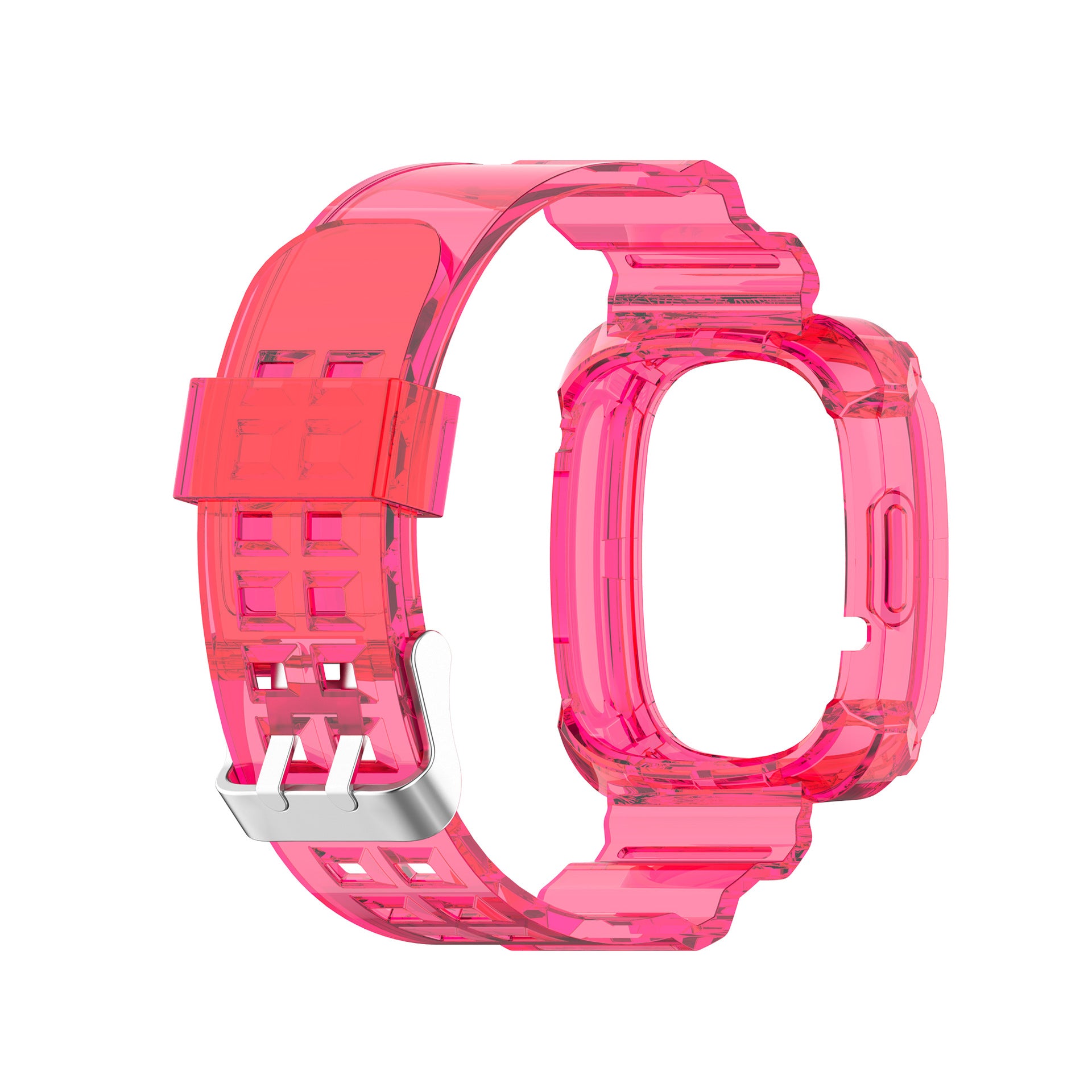 Bright pink transparent protective case and watch band for Fitbit Versa smartwatch with metal buckle clasp