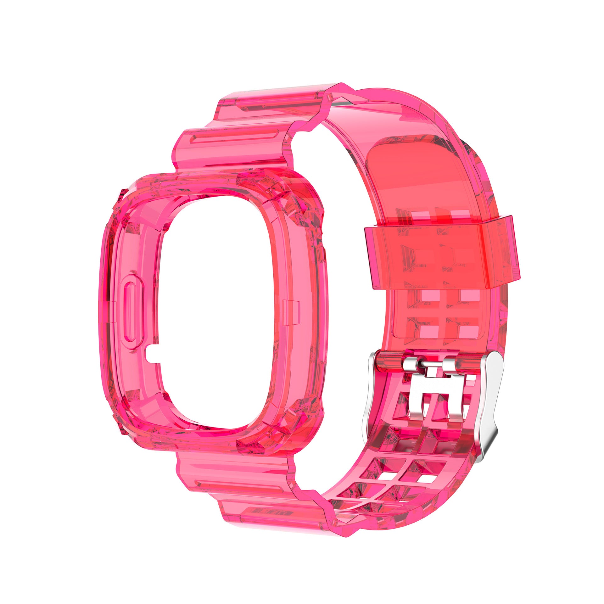 Transparent hot pink protective case and strap band for Fitbit Versa 3, Versa 4, and Sense smartwatch with silver buckle