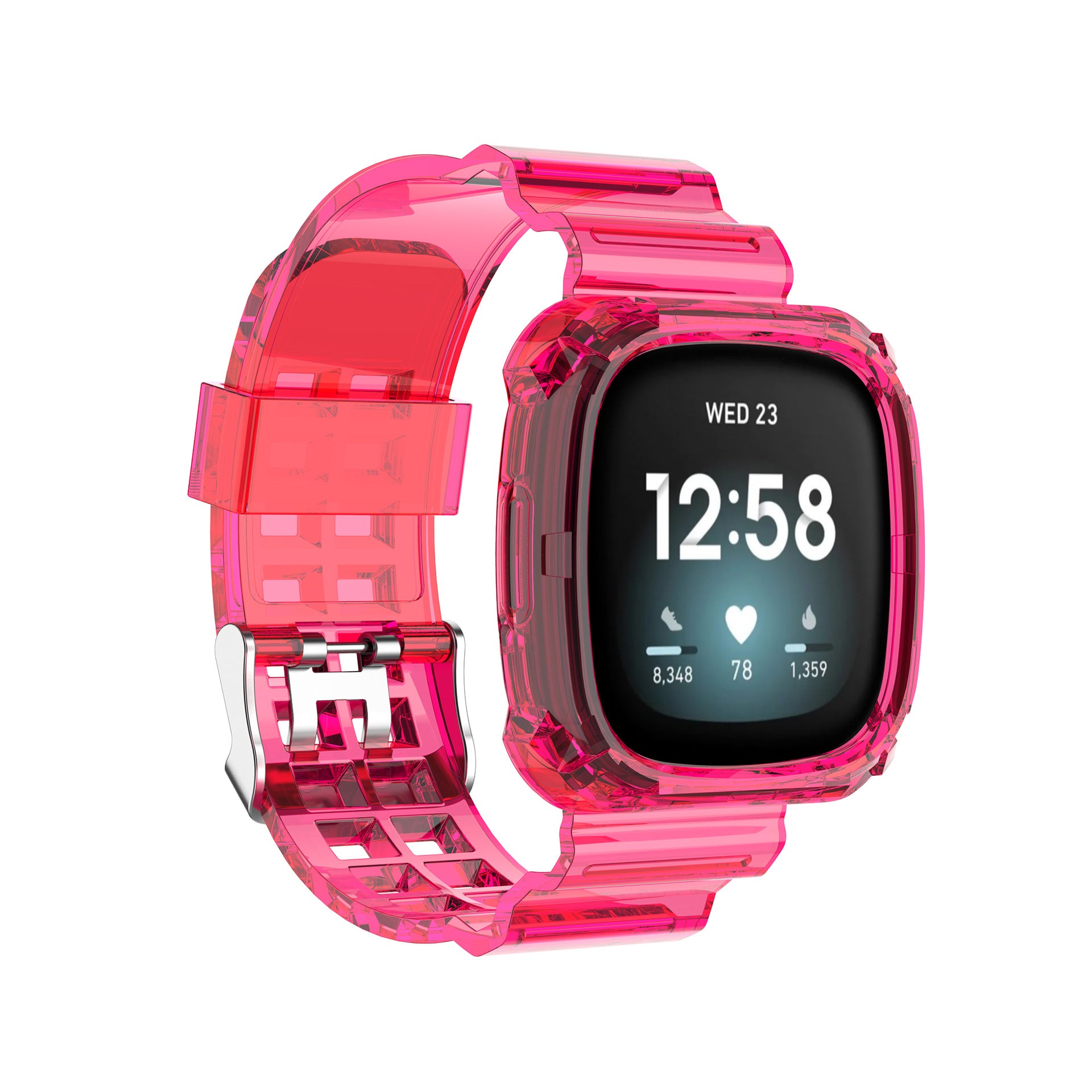 Neon pink transparent protective case and band for Fitbit Versa smartwatch with time display and health metrics visible