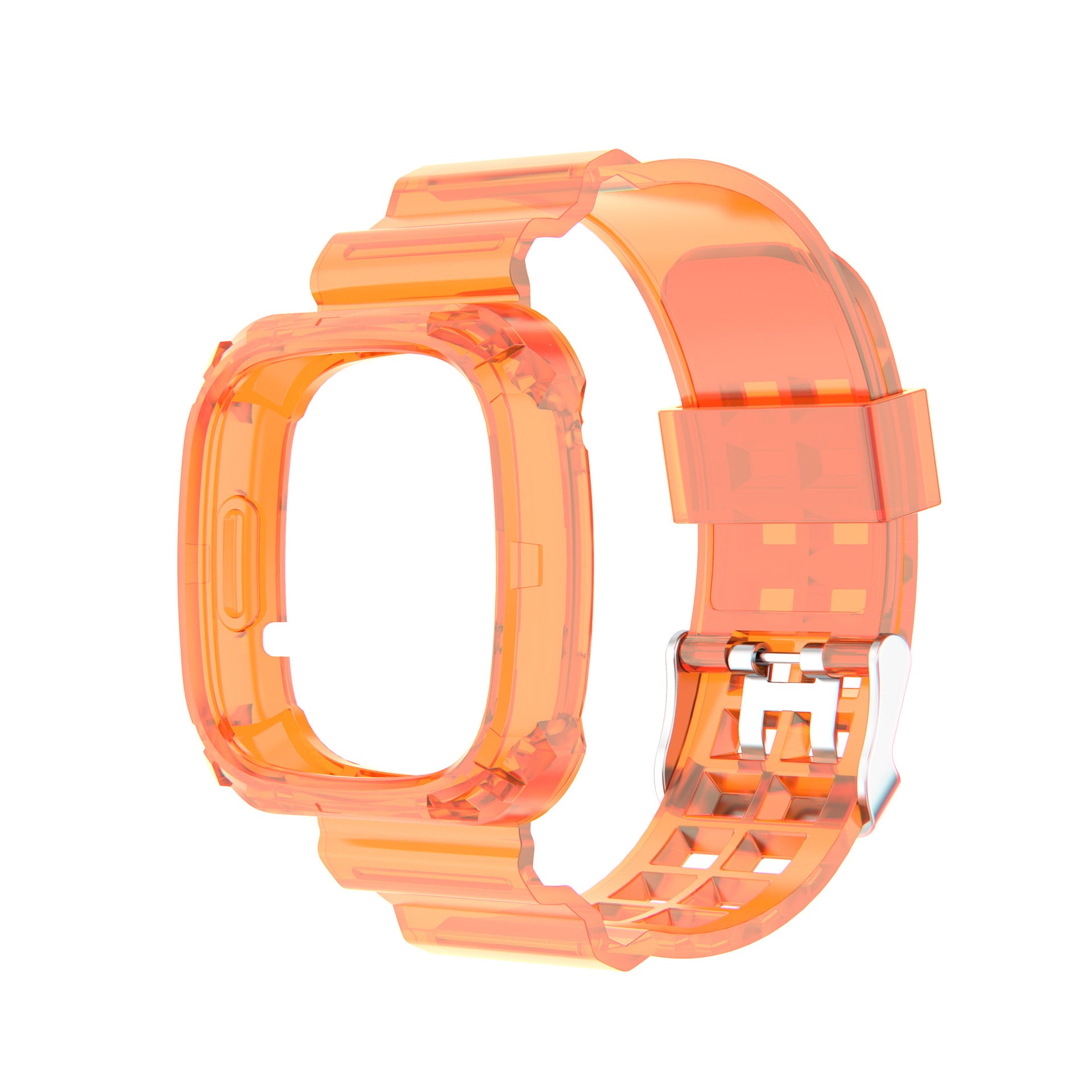 Transparent orange silicone case and sport band for Fitbit Versa 3 and 4 smartwatches with adjustable strap and buckle