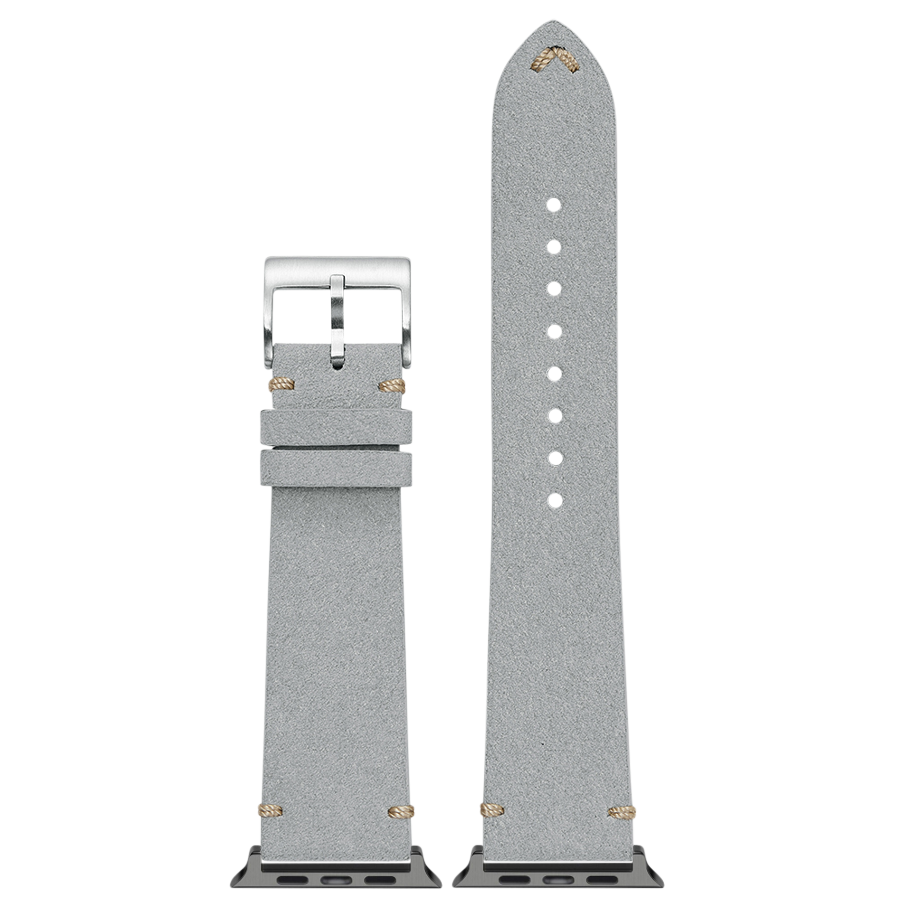 Grey Alcantara leather Apple Watch band with silver buckle and vintage gold stitching detail