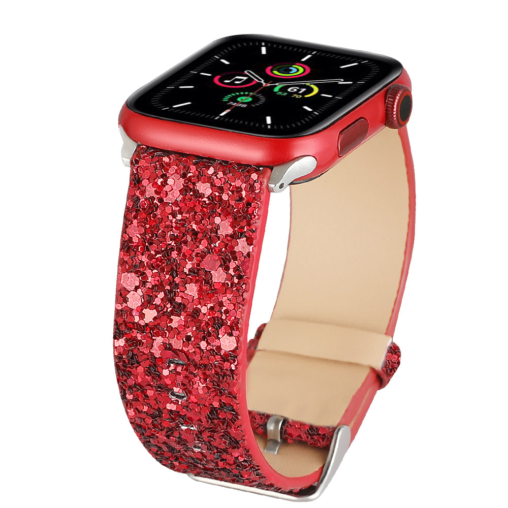 Red glitter smartwatch band for Apple Watch with sequin design and leather backing