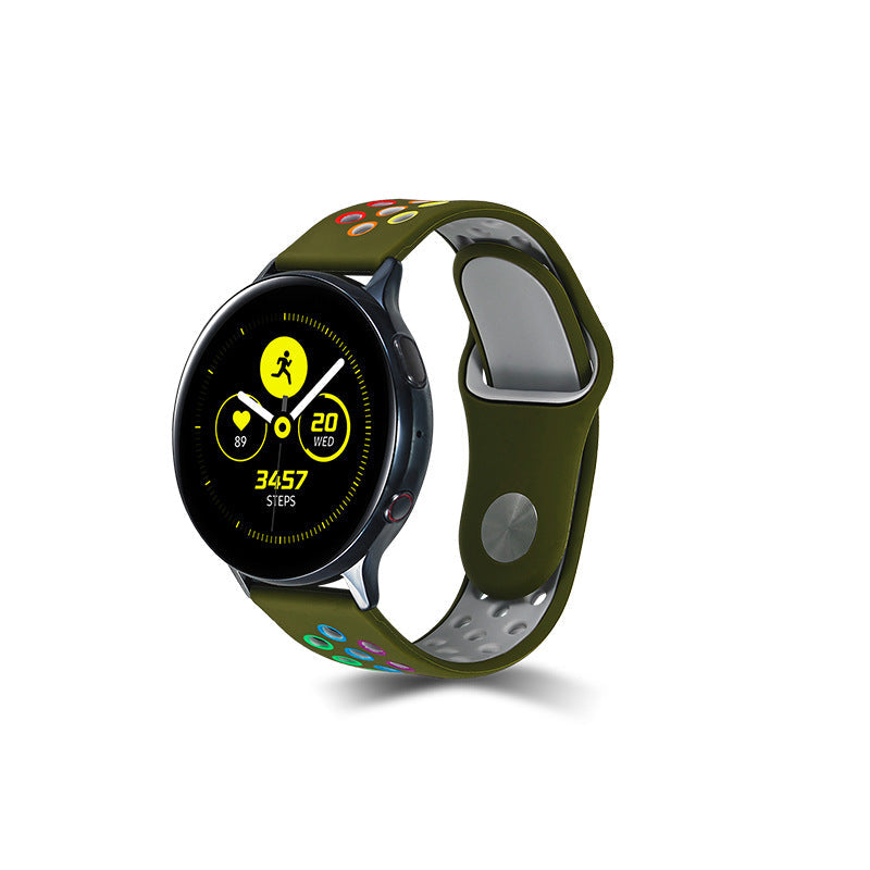 Olive green and gray silicone sports watch band with colorful rainbow pattern detail and quick release mechanism for smartwatch