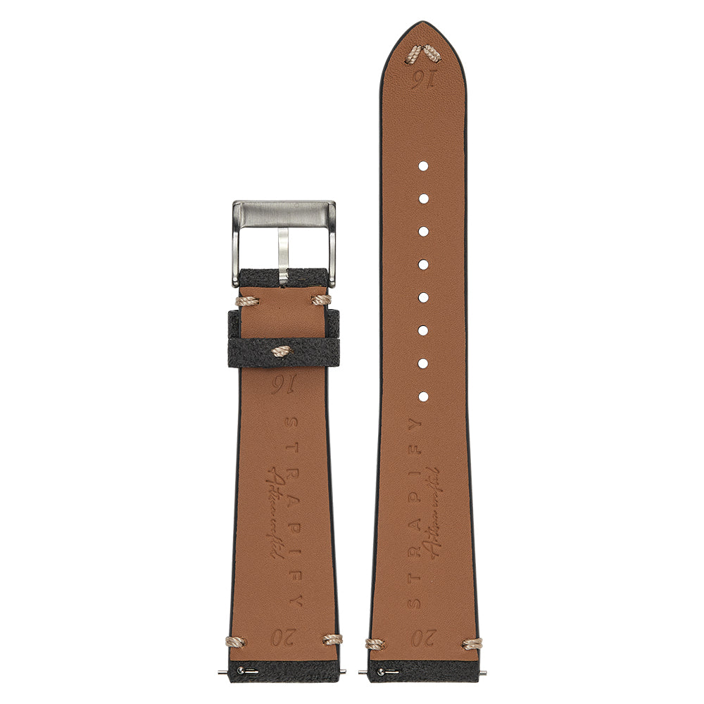 Tan leather quick release watch strap with dark grey Alcantara contrast, silver buckle and white stitching detail