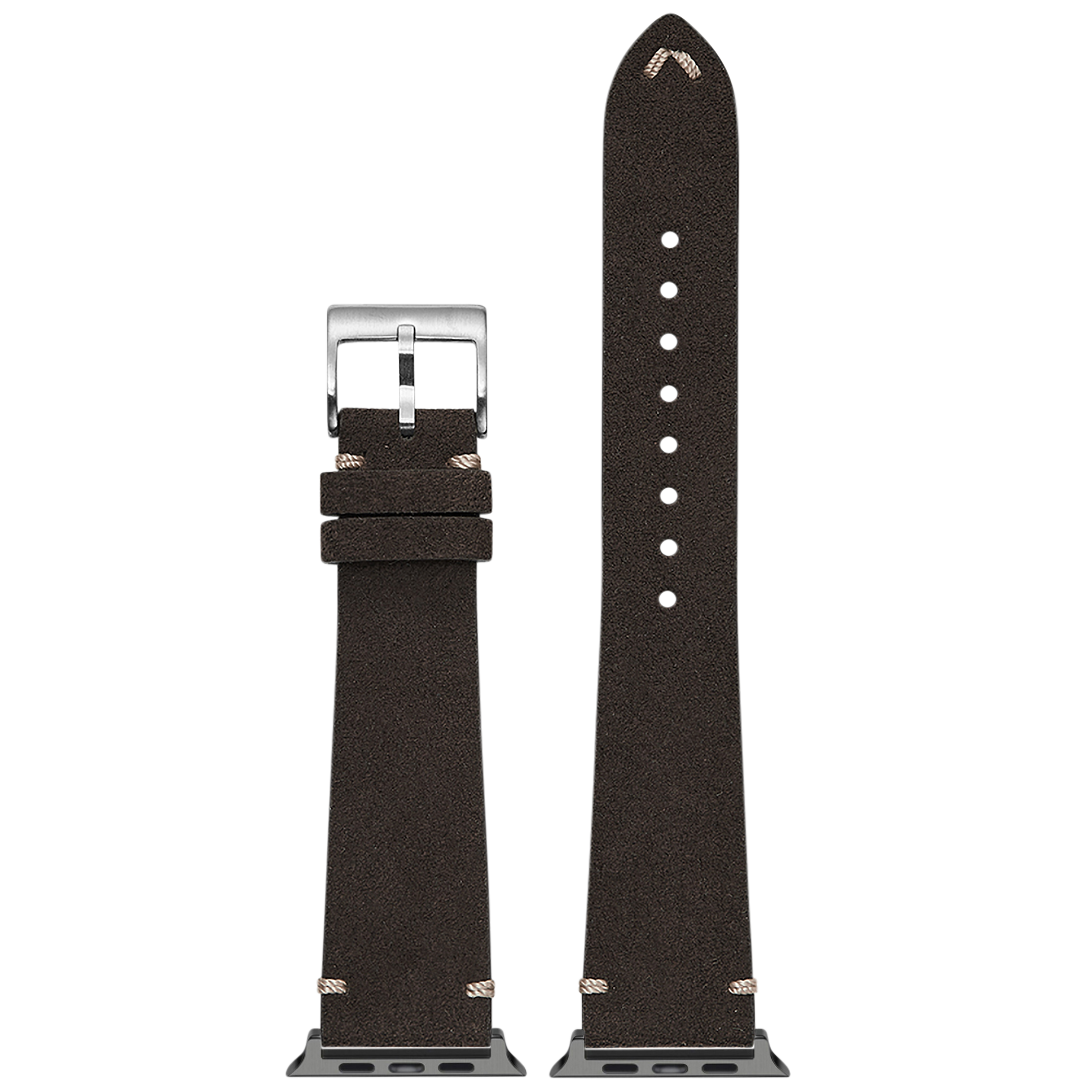 Black Alcantara leather Apple Watch band with silver buckle and adjustable holes, shown assembled and disassembled with metal connector