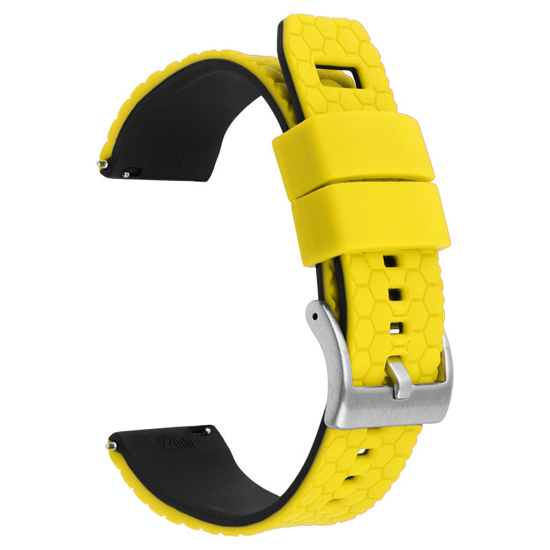 Bright yellow silicone smartwatch band with hexagon pattern, quick release clasp, and black inner lining isolated on white