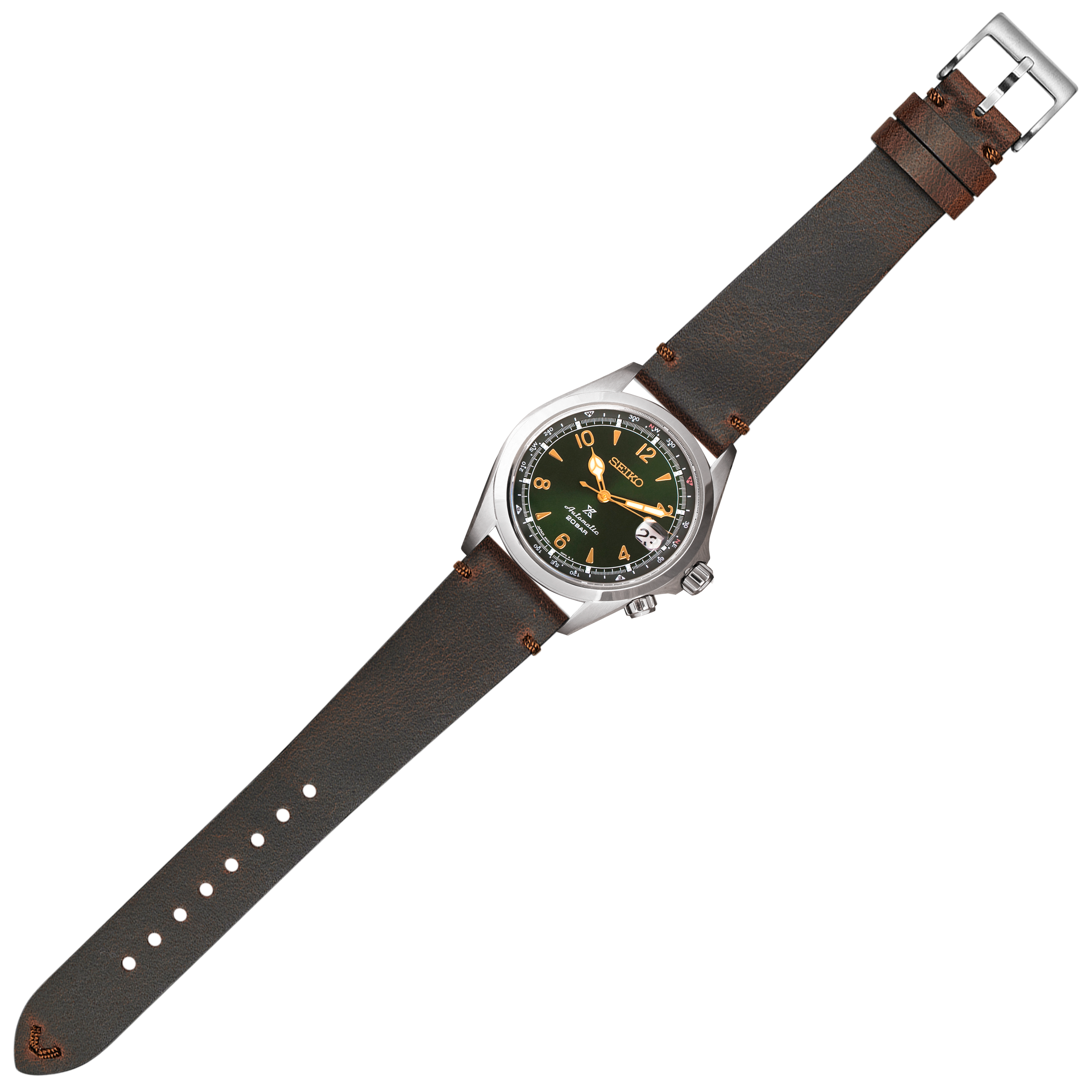 Seiko Prospex automatic watch with black dial, gold hands, and vintage crazy horse leather strap with quick release buckle