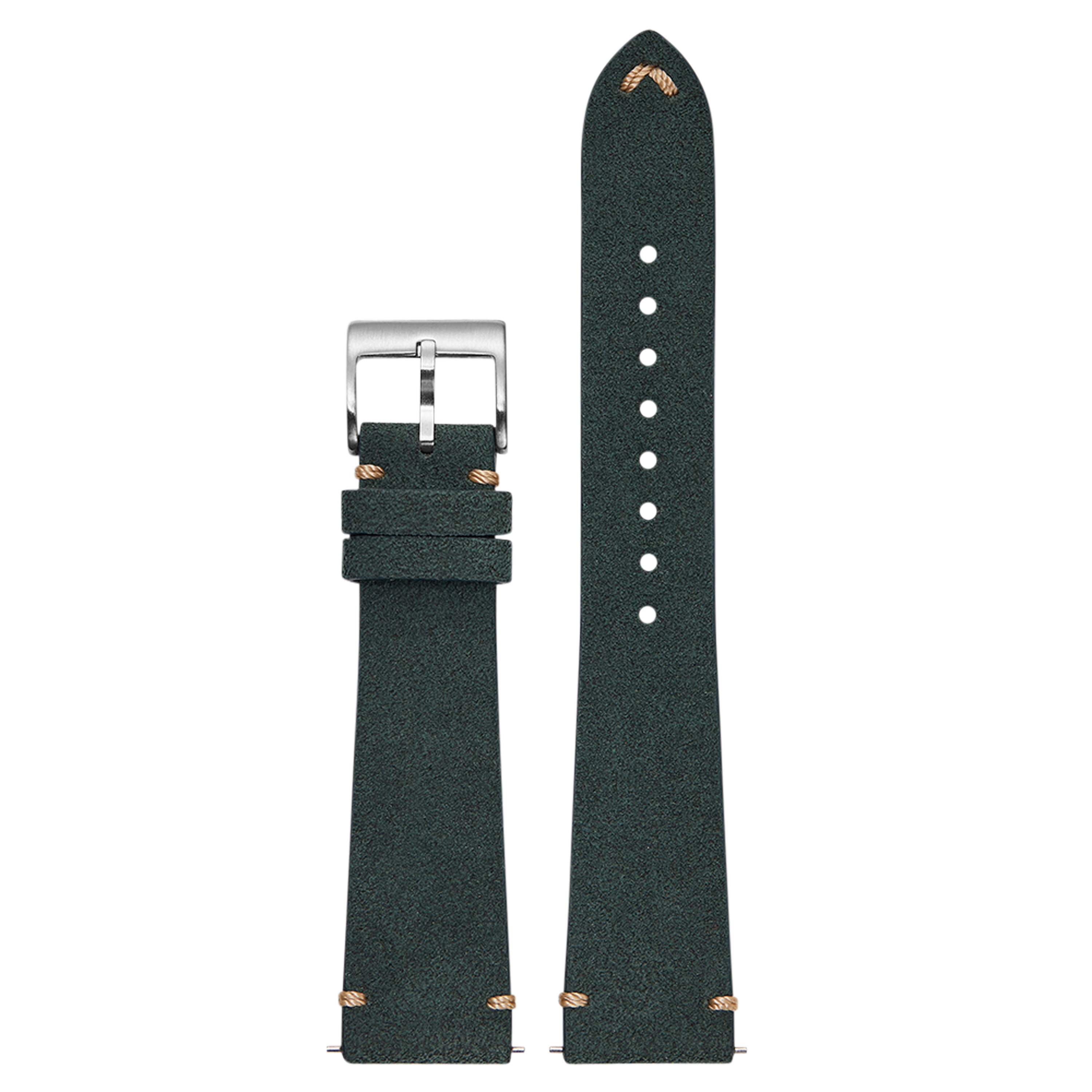 Forest green Alcantara leather 20mm quick fit watch band with silver buckle and vintage stitching details