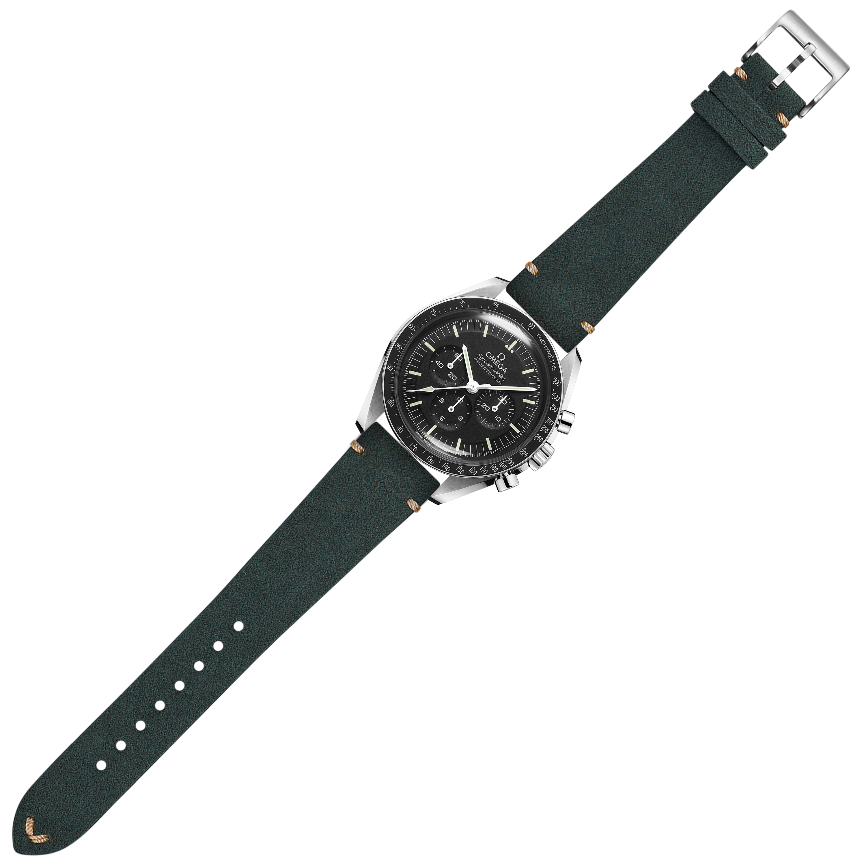 Silver chronograph watch with black dial and forest green Alcantara leather quick release strap