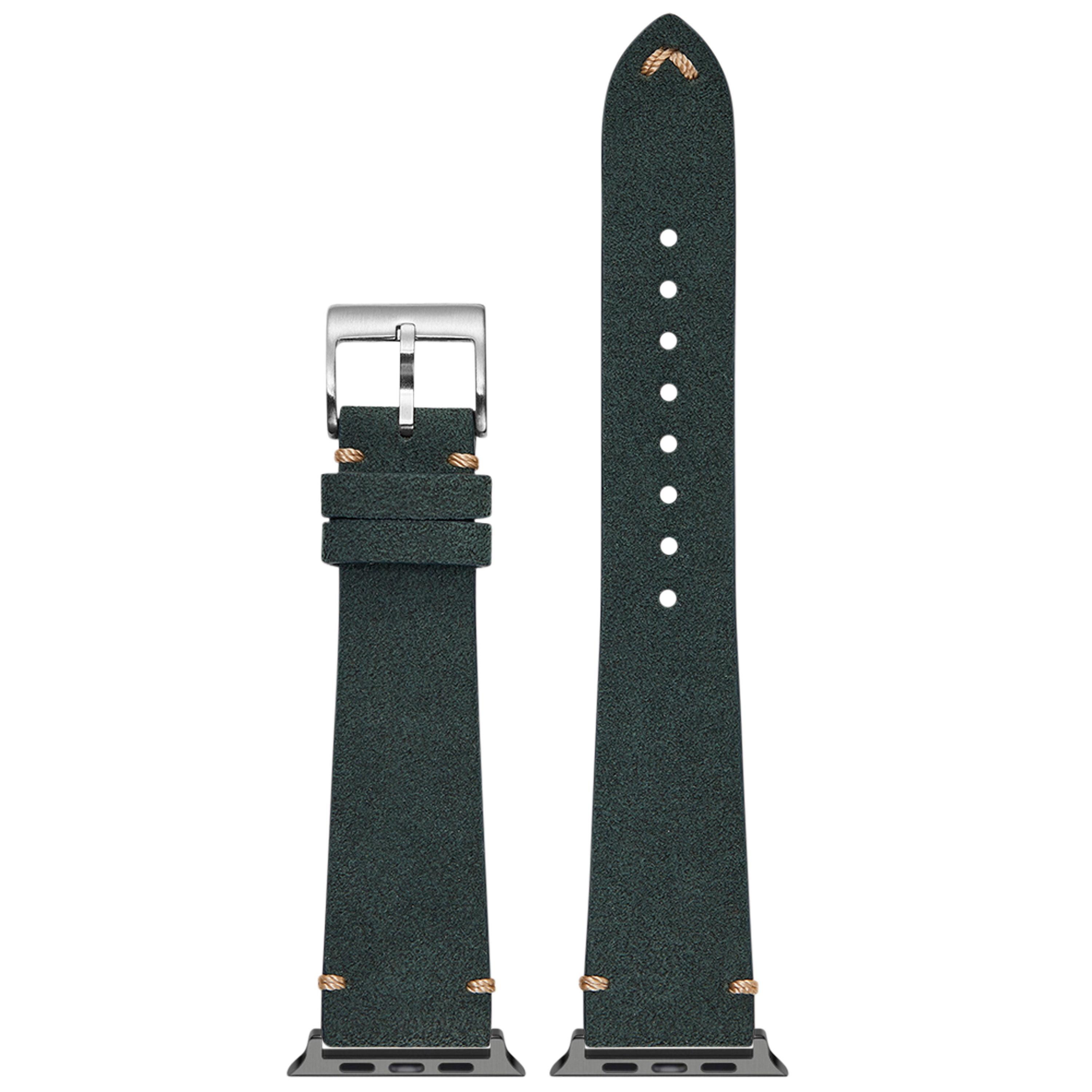 Forest green Alcantara leather Apple Watch band with silver buckle and contrasting tan stitching, shown fully extended and attached