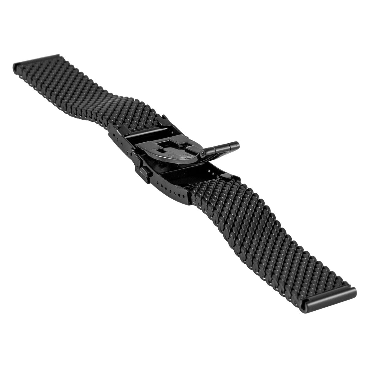 Black Milanese mesh watch strap 20mm with adjustable buckle clasp and textured links
