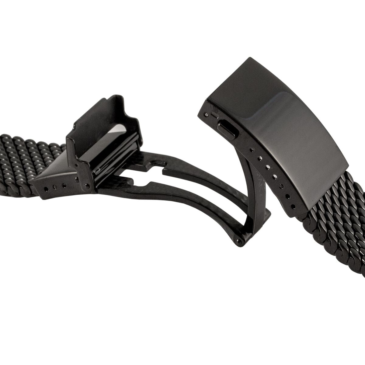 Black Staib Milanese 20mm watch strap with folding clasp and adjustable mesh band links