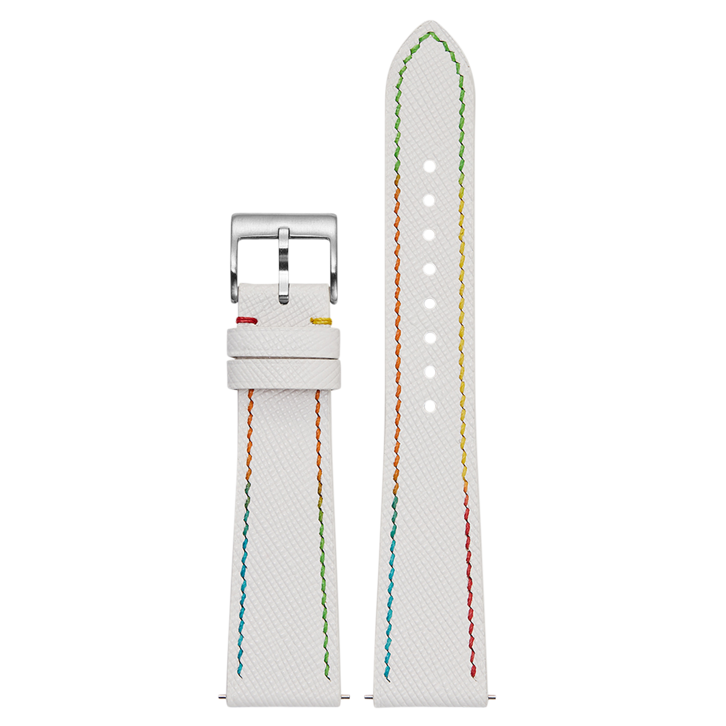 White leather watch band with multicolor rainbow stitching, silver buckle, and interchangeable QuickFit system for 26mm watches