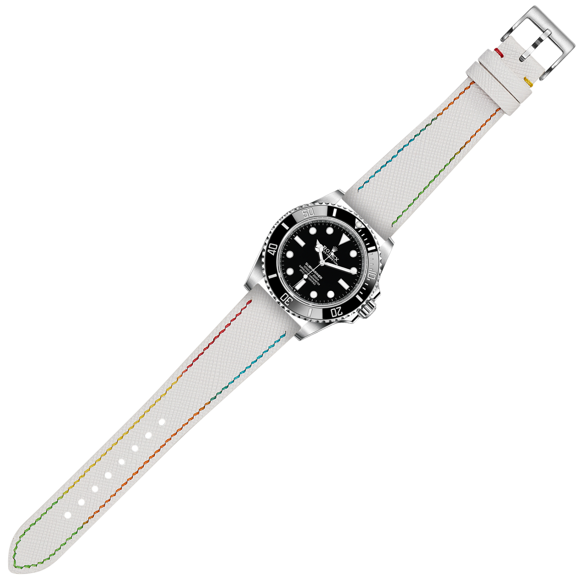 Stainless steel dive watch with black dial and white fabric strap featuring colorful rainbow stitching detail