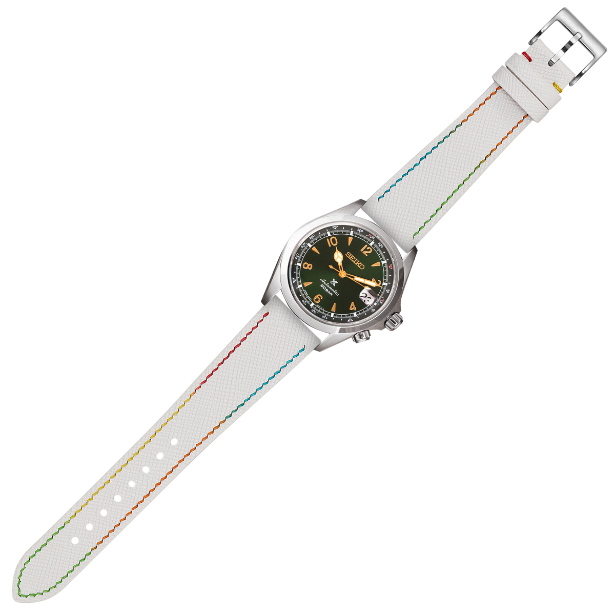 Seiko field watch with black dial, gold numerals, and silver stainless steel case on white canvas strap with rainbow stitching