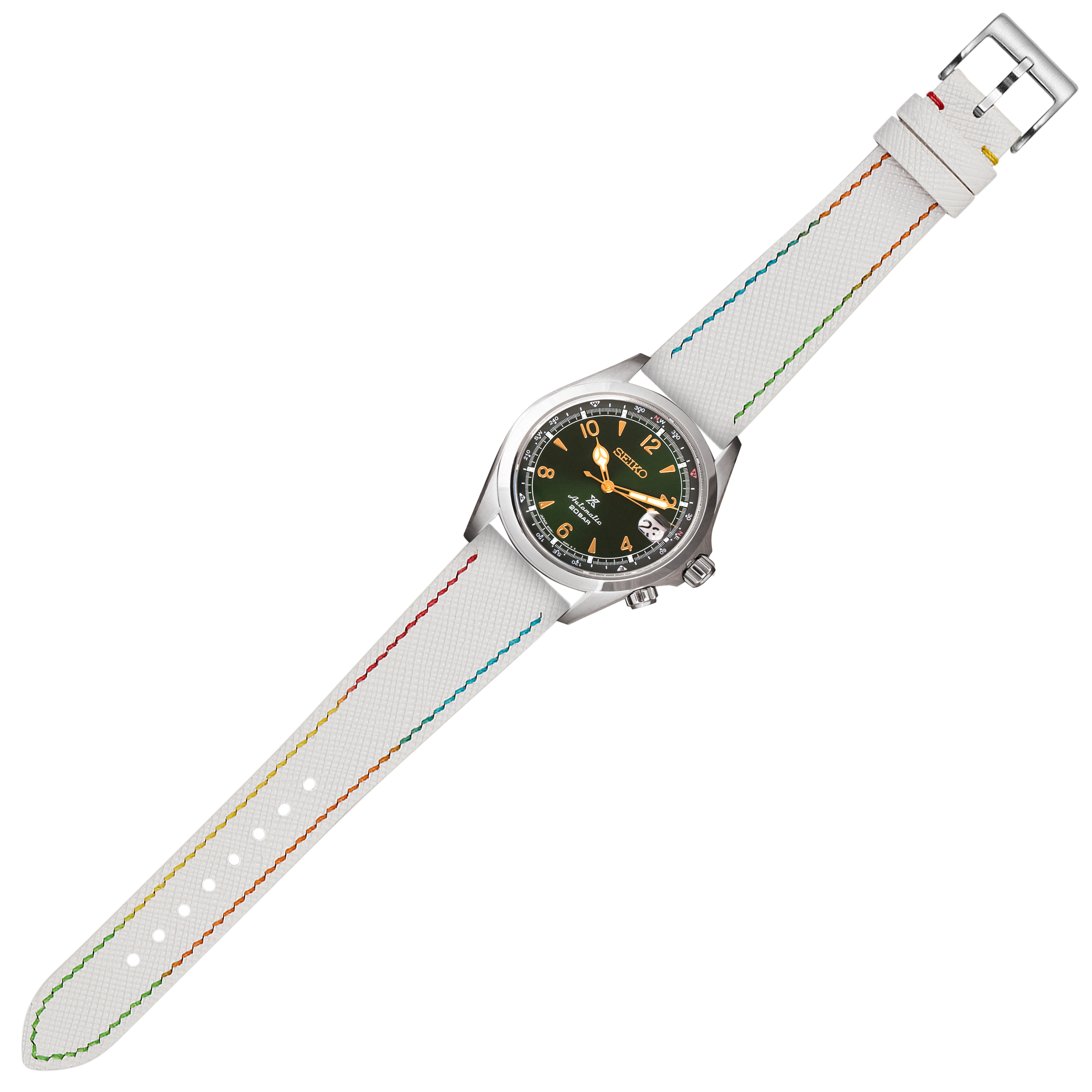 Seiko watch with stainless steel case and black dial featuring colorful rainbow stitched white leather quick release strap