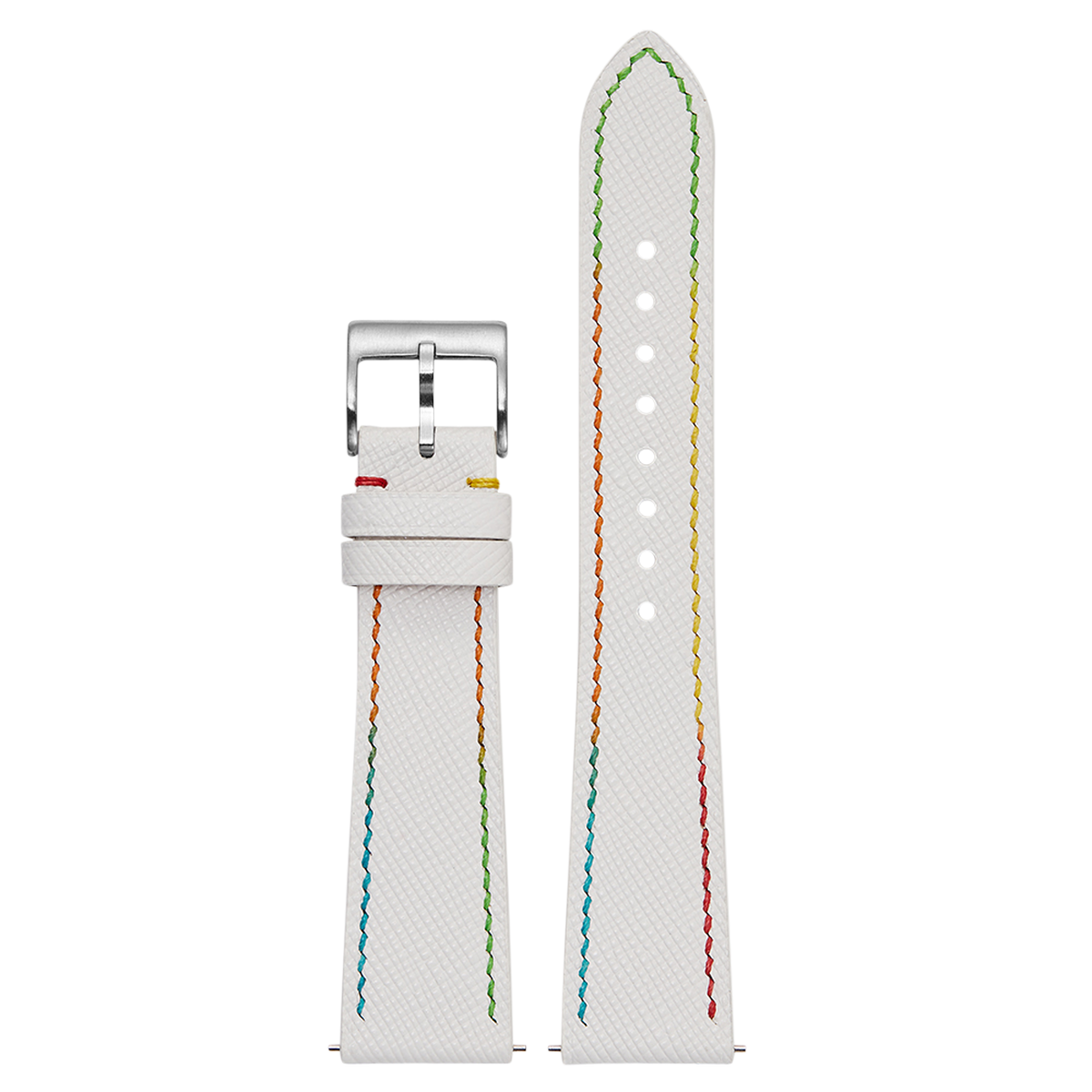 White saffiano leather watch band with rainbow stitching and silver buckle, displayed flat showing full length and buckle detail