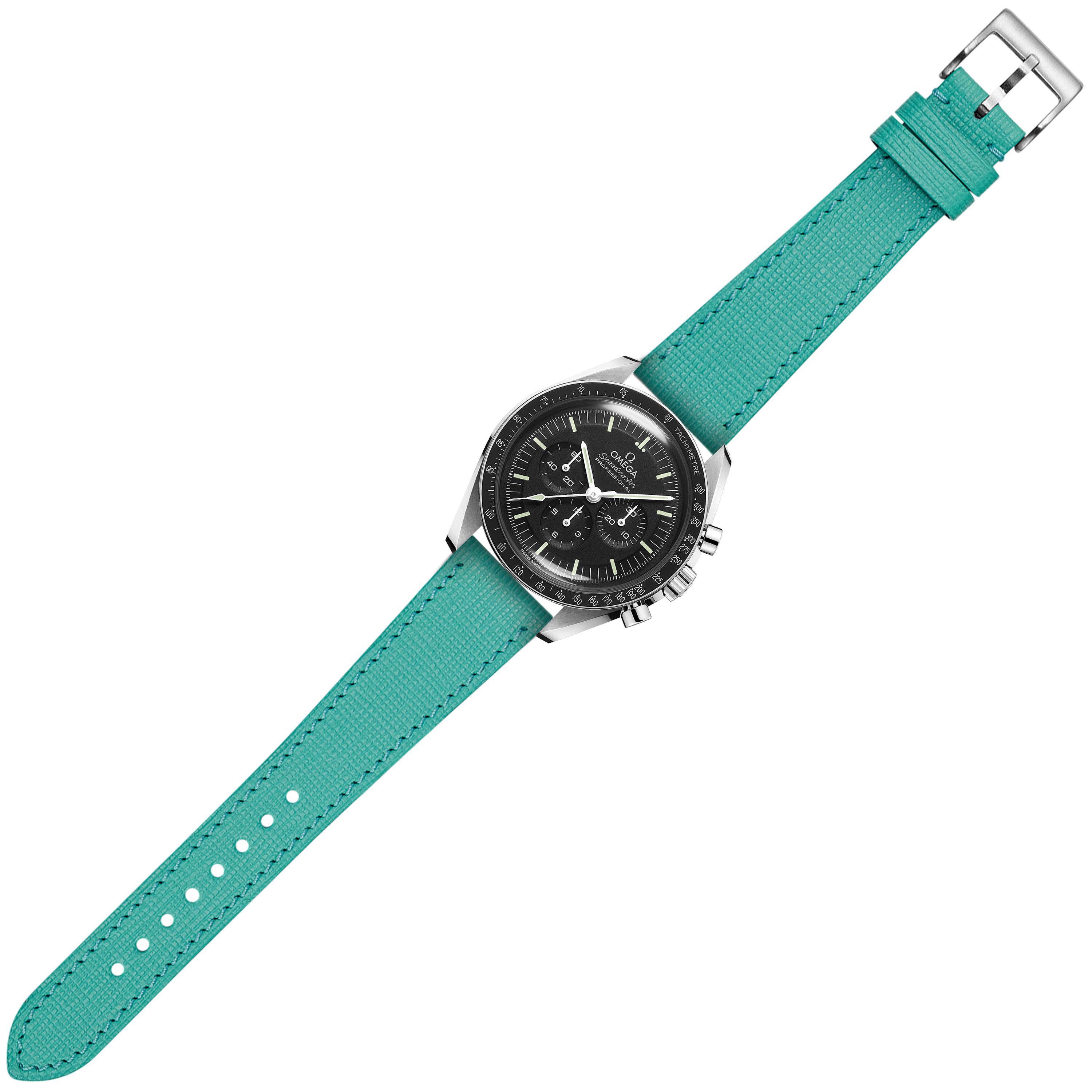 Speedmaster chronograph watch with black dial and stainless steel case on turquoise quick release chevre saffiano leather strap