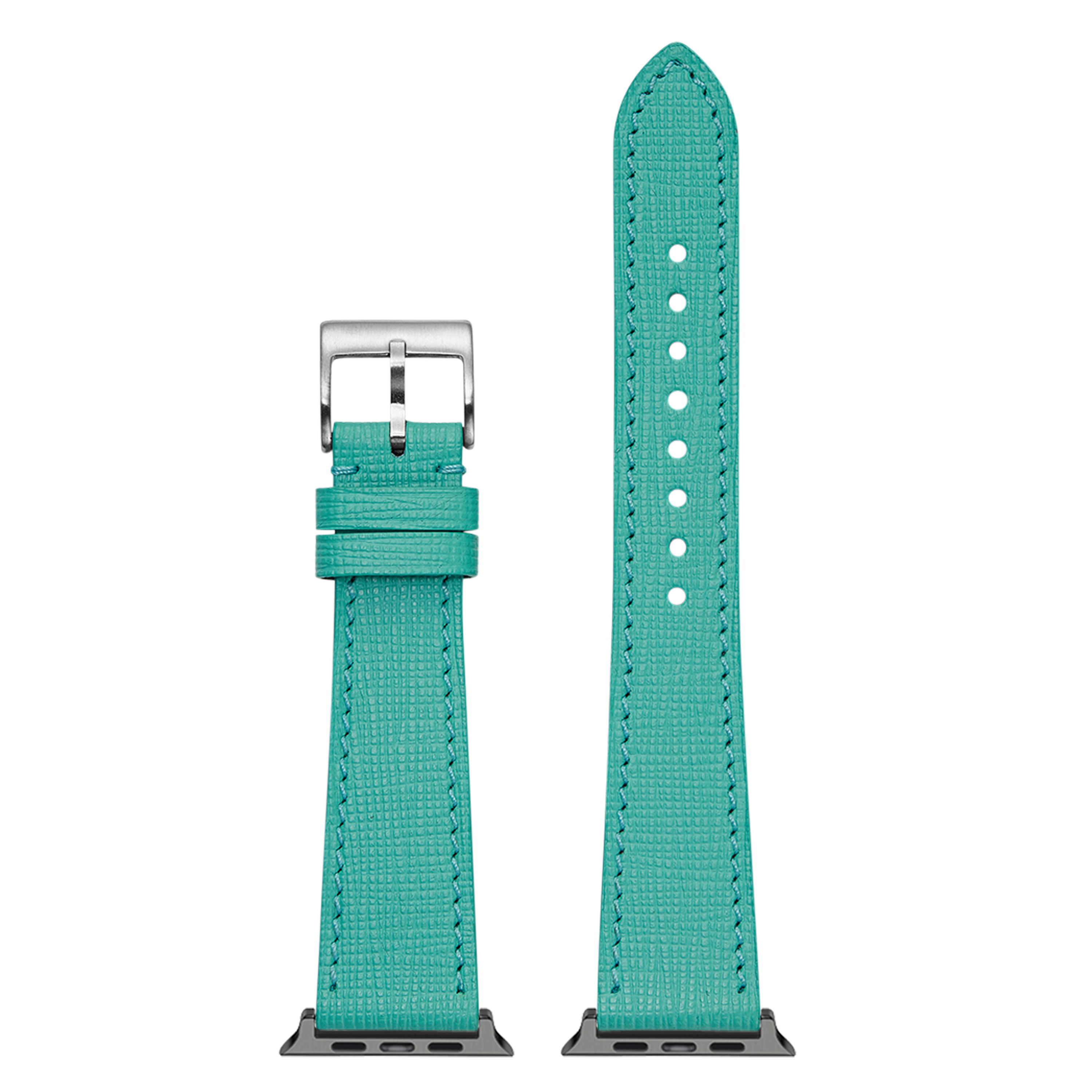Tiffany blue Saffiano leather Apple Watch band with silver buckle and contrast stitching