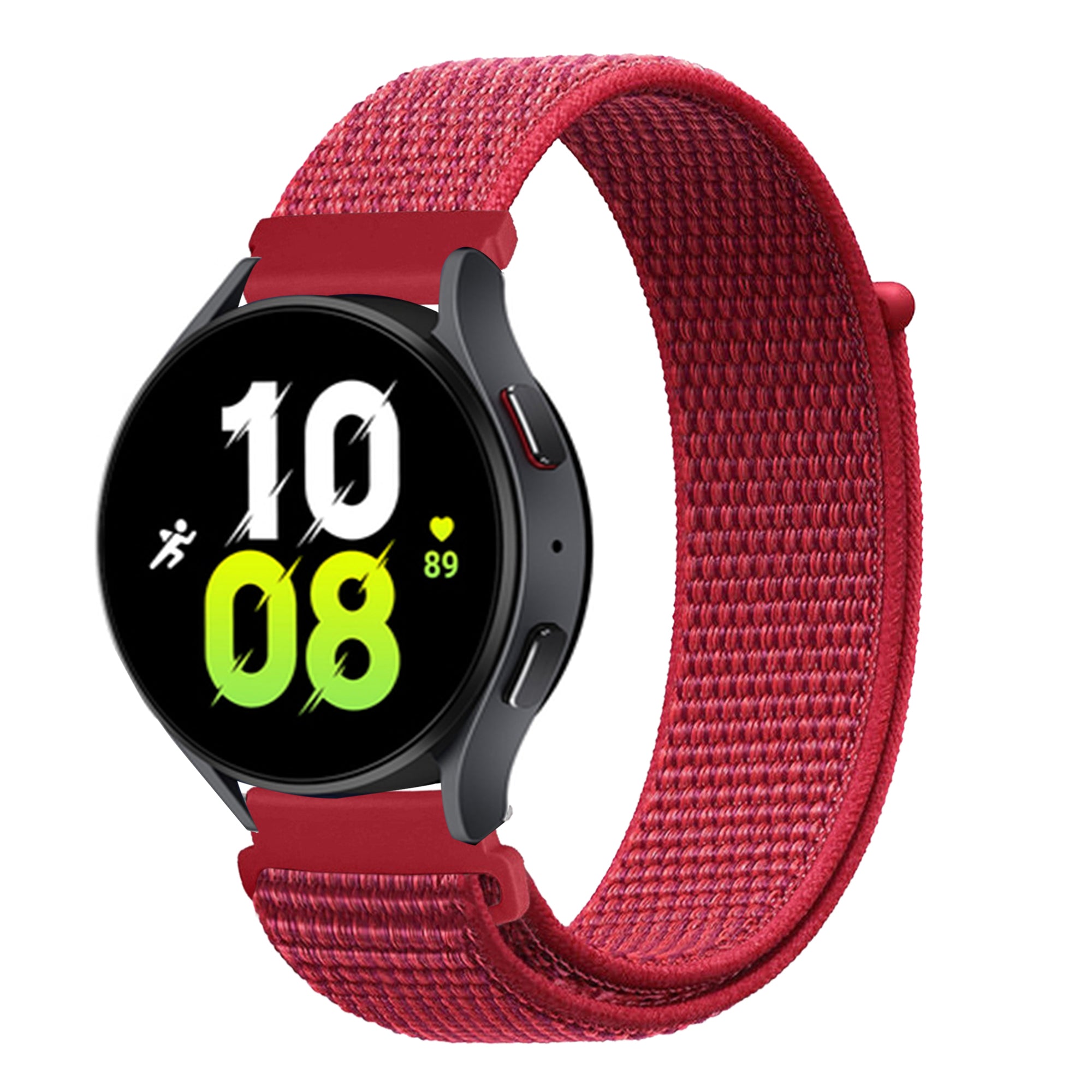 Red sports loop velcro watch band with quick release for 18mm smartwatch, displayed on black fitness watch with red woven fabric strap