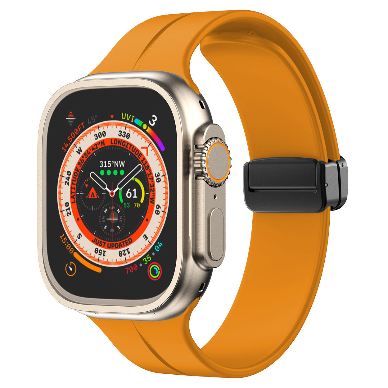 Silver stainless steel smartwatch with orange silicone band and magnetic clasp, compass dial display on black screen