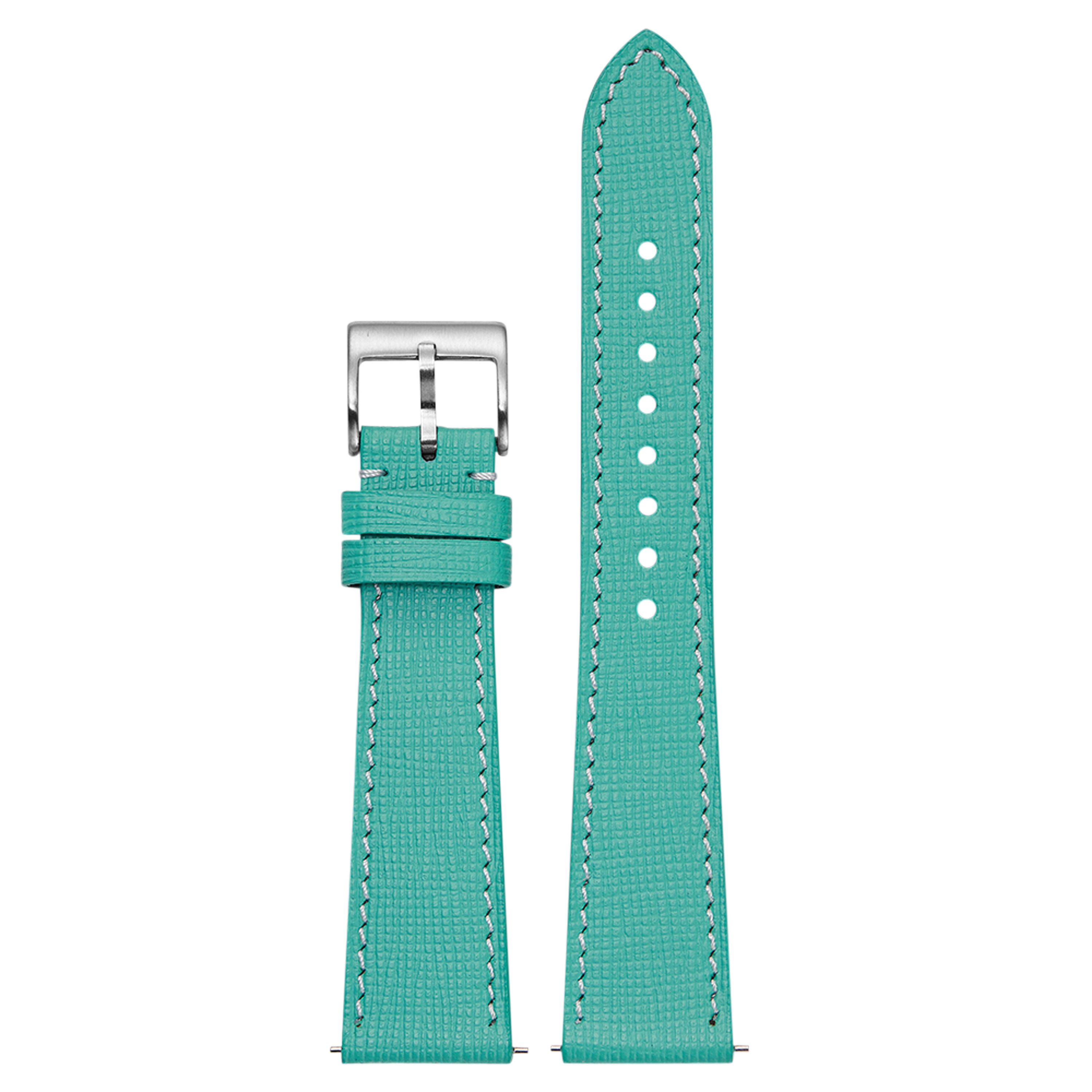 Tiffany blue Chevre Saffiano leather watch strap 26mm with white stitching and stainless steel buckle