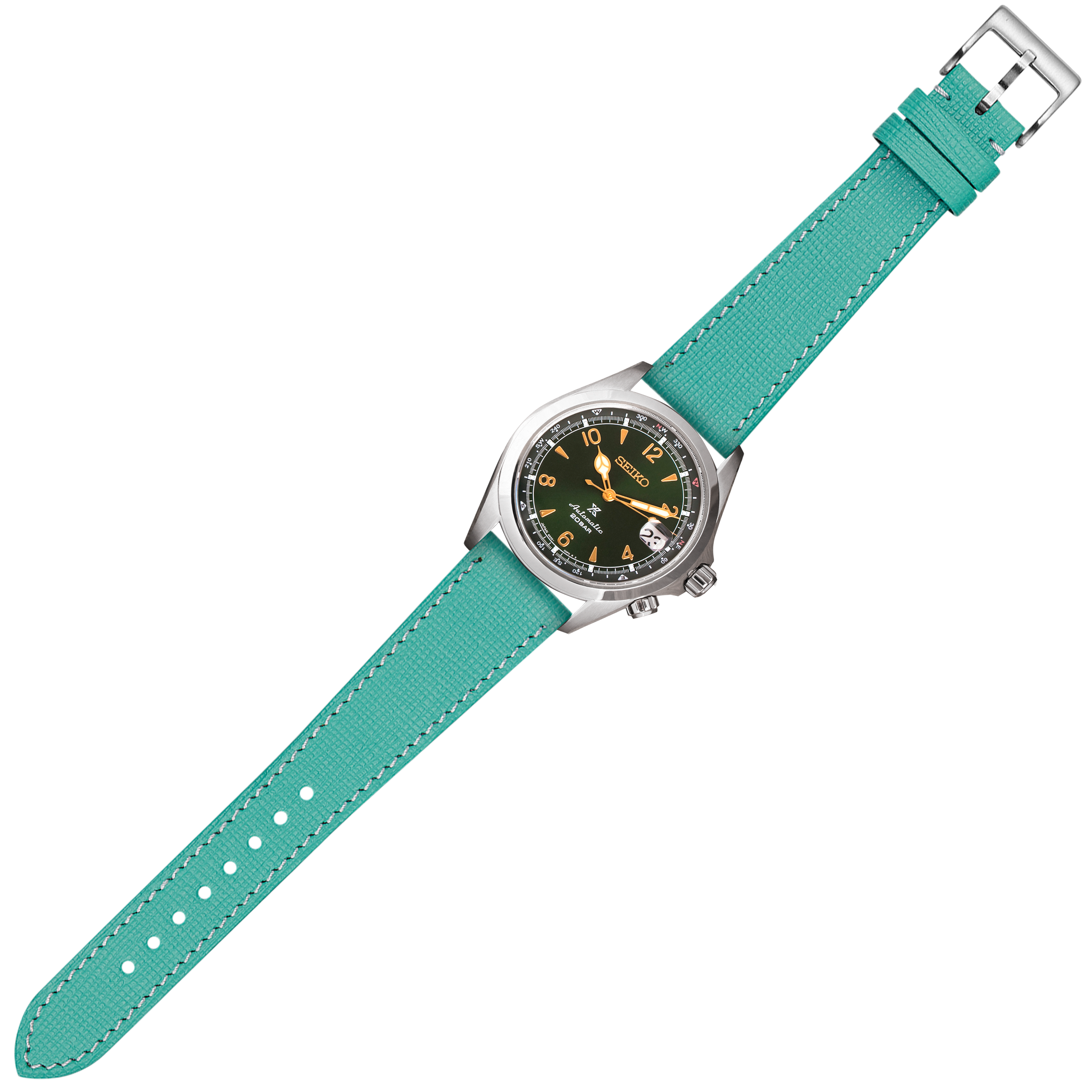 Seiko watch with black dial and gold accents on tiffany blue chevre saffiano leather strap with white stitching