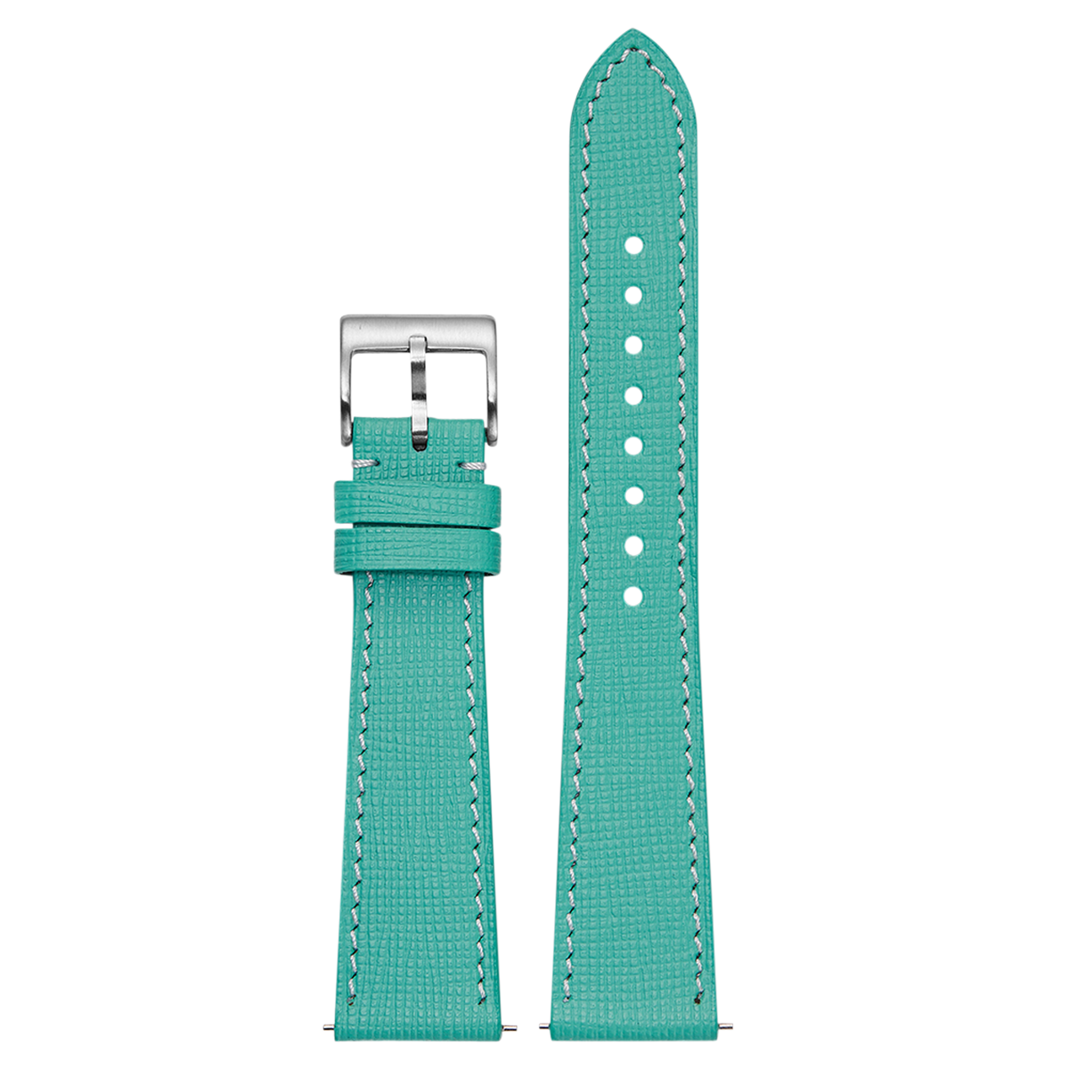 Tiffany blue leather watch band with white stitching and silver buckle, featuring textured Saffiano leather and adjustment holes