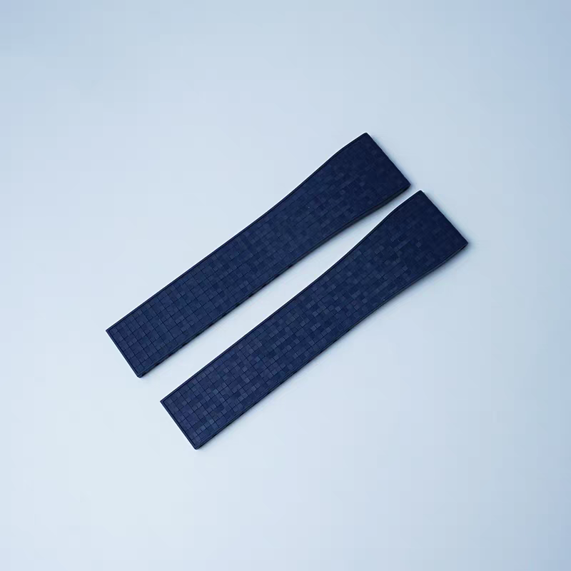 Dark blue mosaic FKM rubber watch straps with quick release 16mm cut-to-size design and leaf-spring deployant clasp
