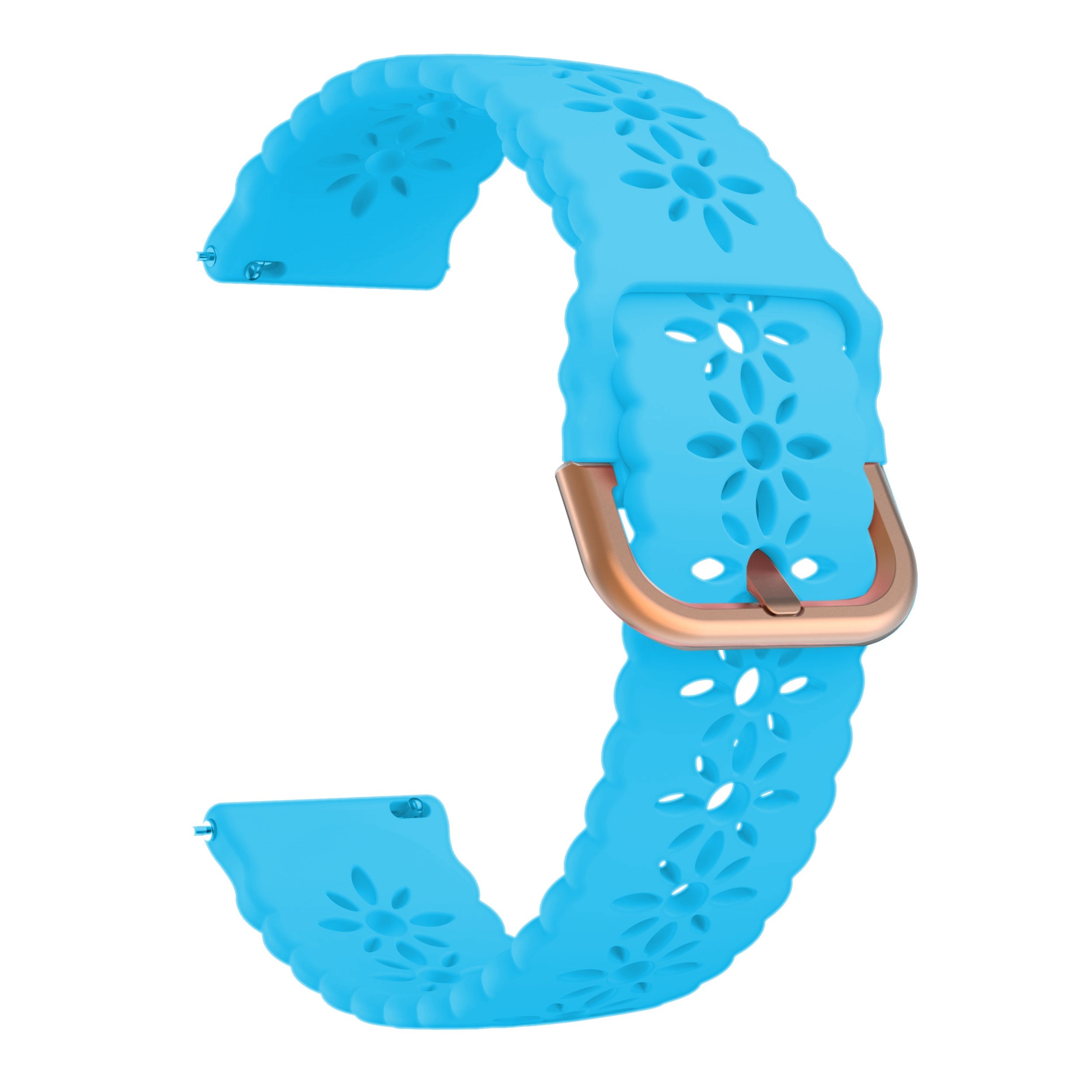 Bright blue silicone watch band with floral cutout pattern and rose gold quick release buckle hardware