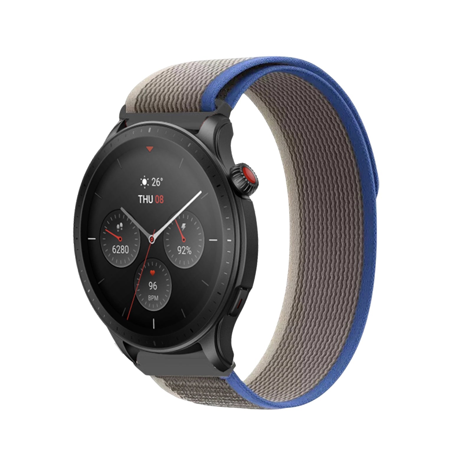 Black smartwatch with multi-function dial and blue grey nylon trail loop band showing fitness metrics and weather display