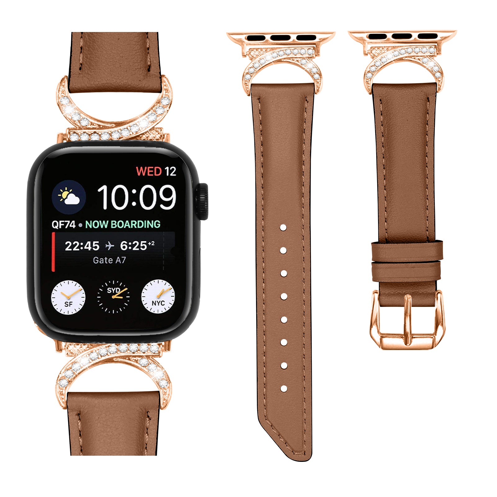 Rose gold diamond-accented Apple Watch band with tan brown leather strap and matching connector hardware