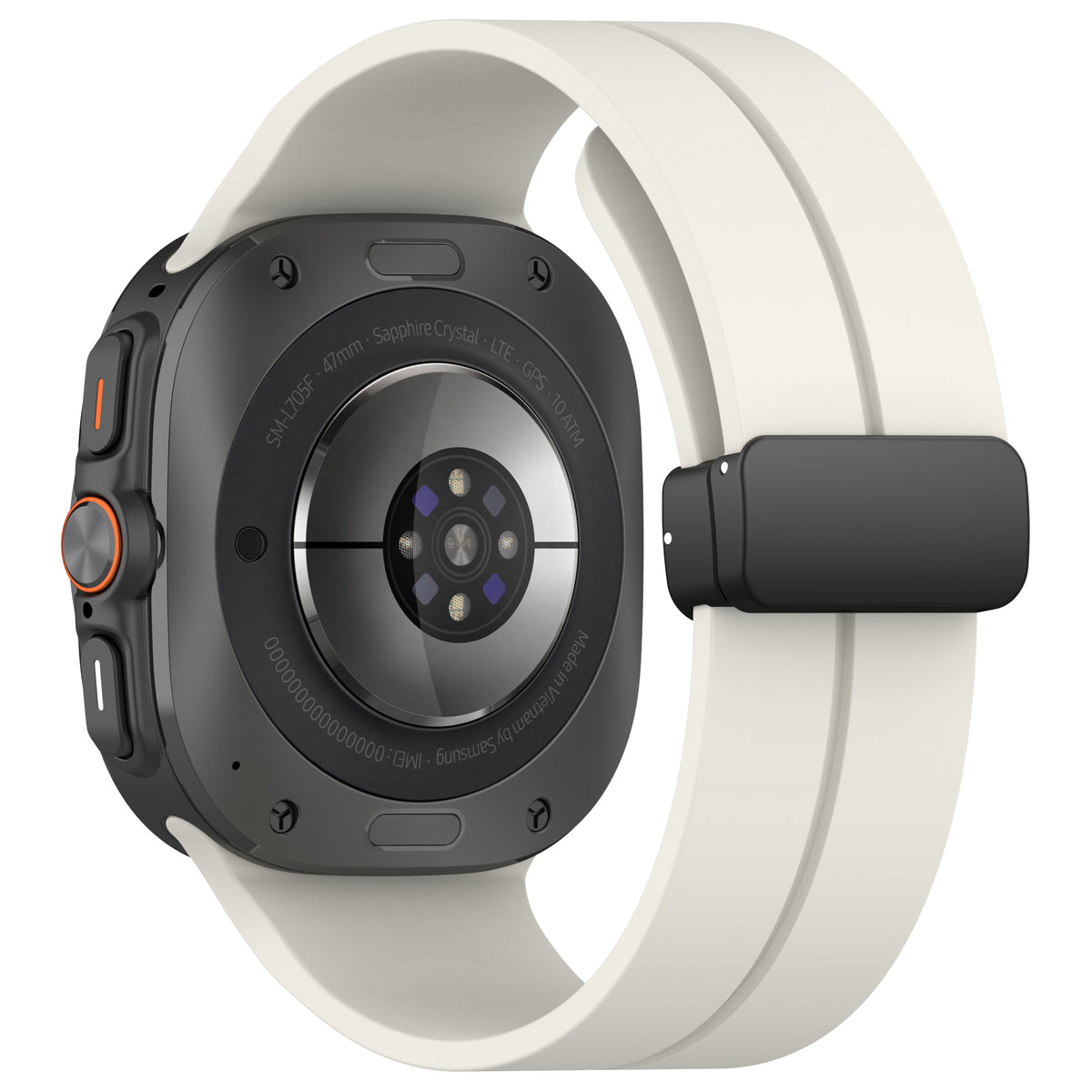 Rugged smartwatch with titanium case, sapphire crystal, white silicone band, and magnetic deployant clasp in black and gray colorway