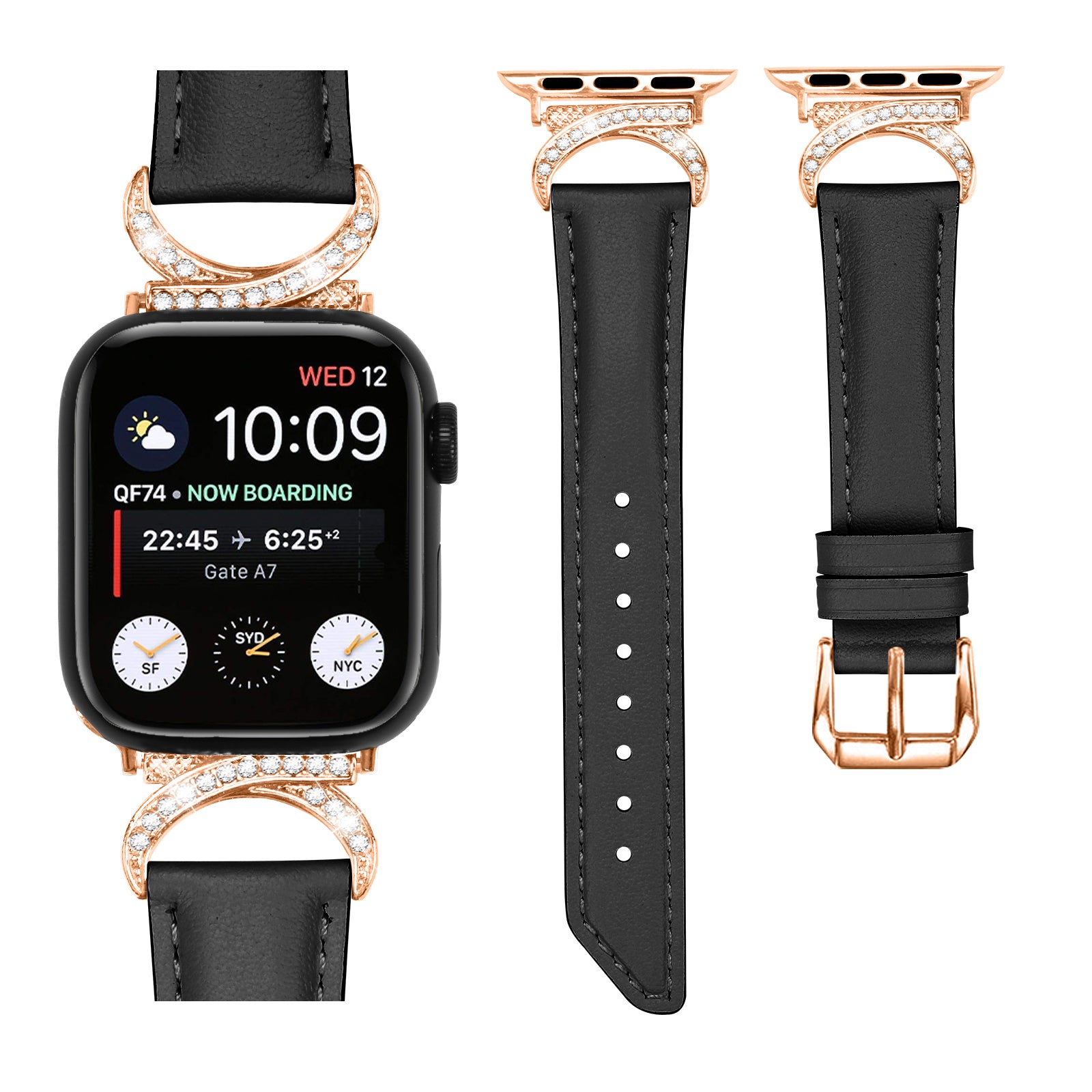 Luxury rose gold diamond Apple Watch with black leather band and rose gold buckle connector, showing flight information on display