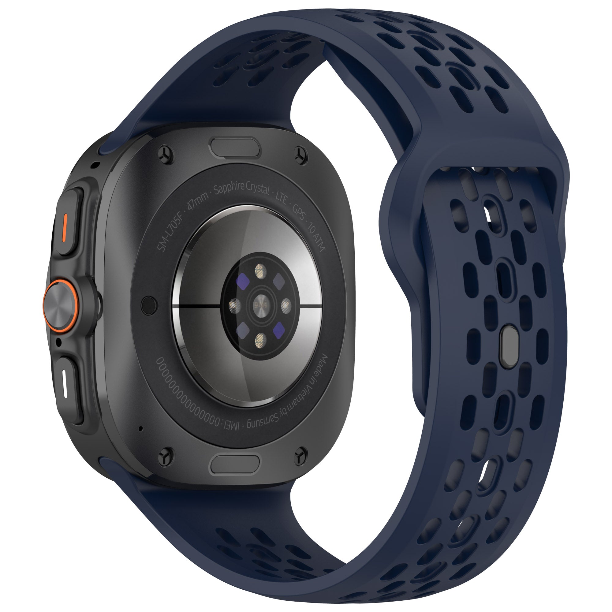 Galaxy Watch Ultra with dark navy perforated silicone sport band, sapphire crystal display, and titanium case with orange accent buttons