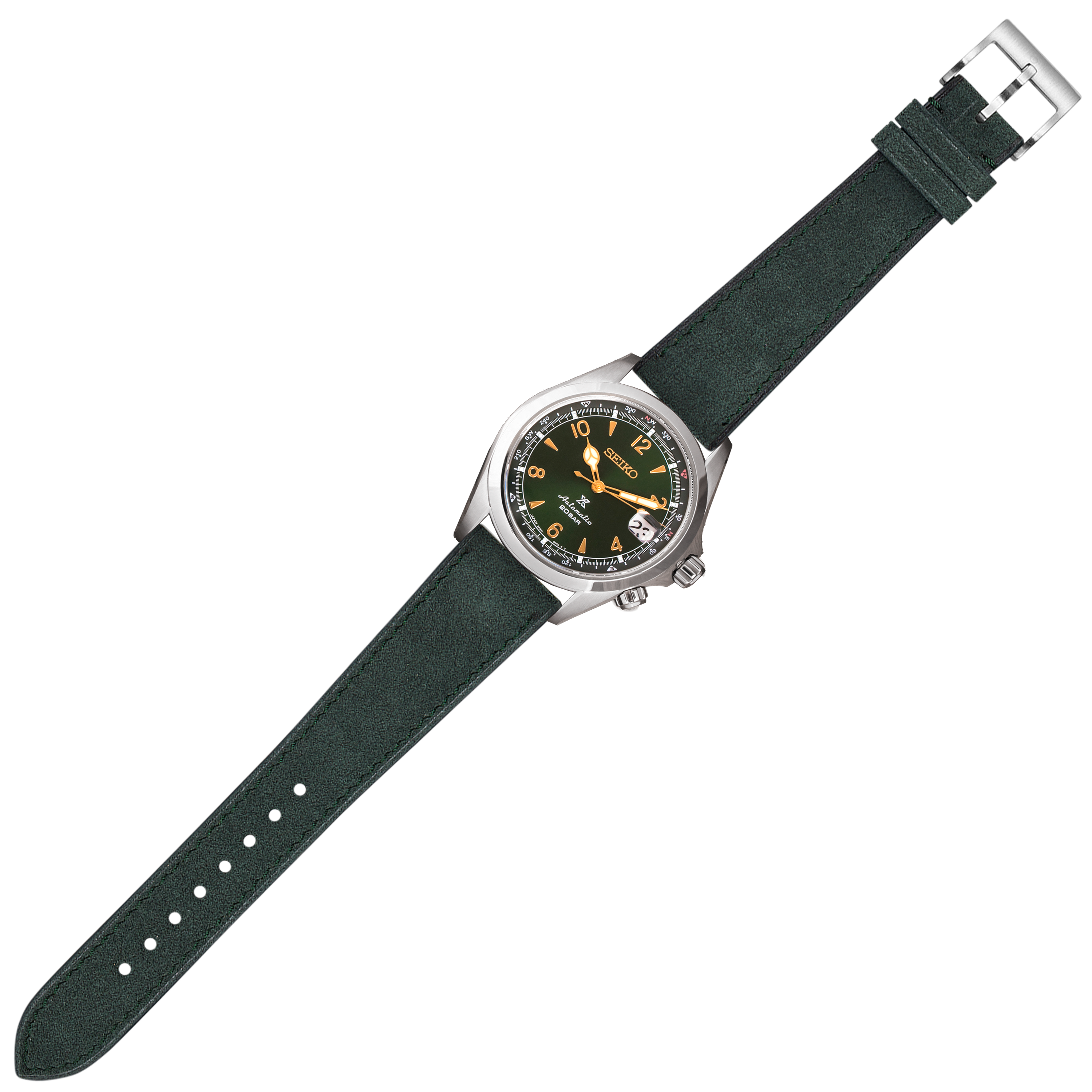Seiko automatic watch with forest green Alcantara leather quick release strap and silver stainless steel case