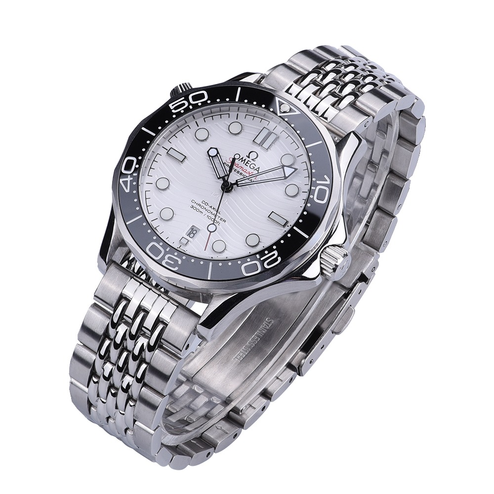Omega Seamaster stainless steel dive watch with silver dial and black bezel