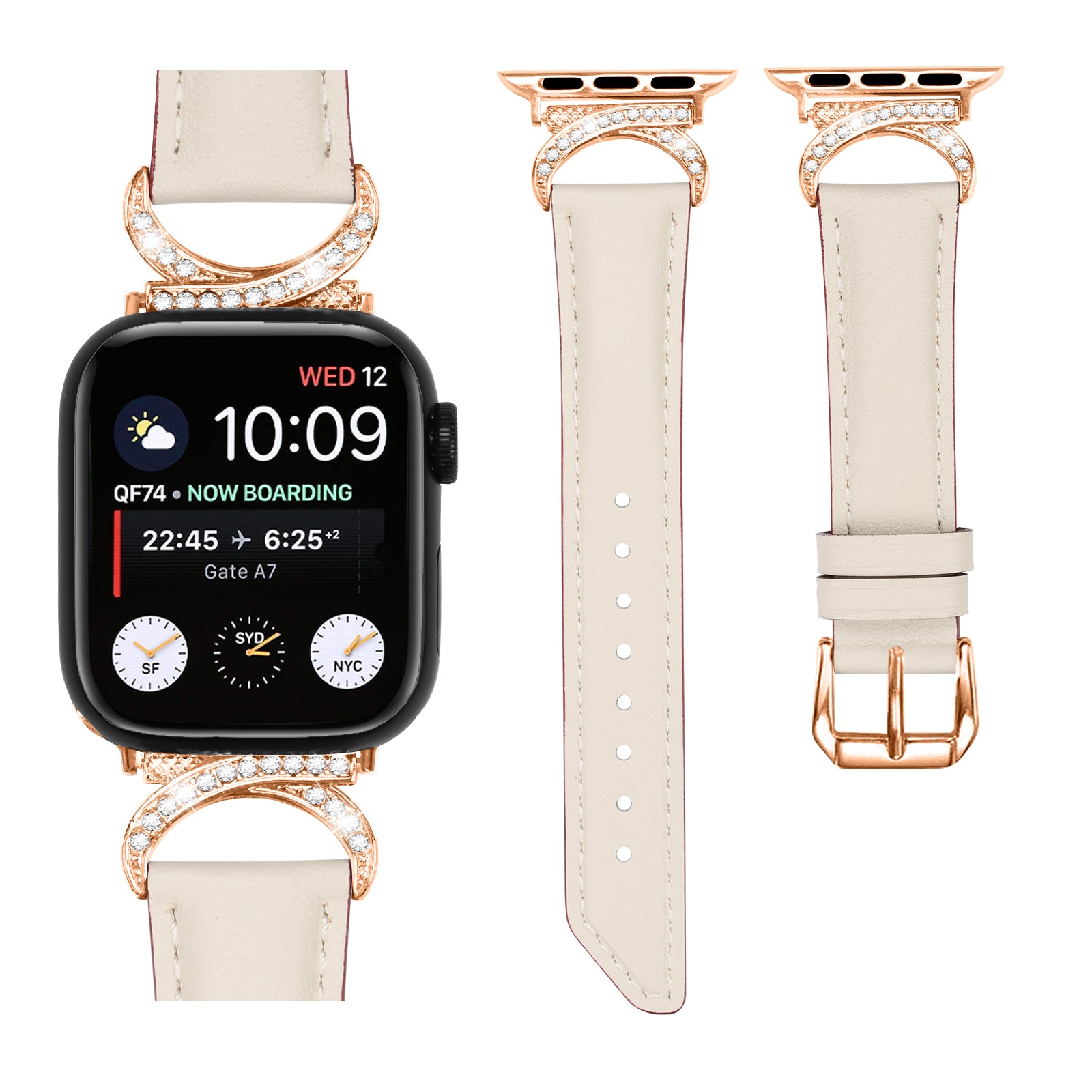 Rose gold crystal Apple Watch band with cream leather strap and rose gold buckle, compatible with smartwatch connector