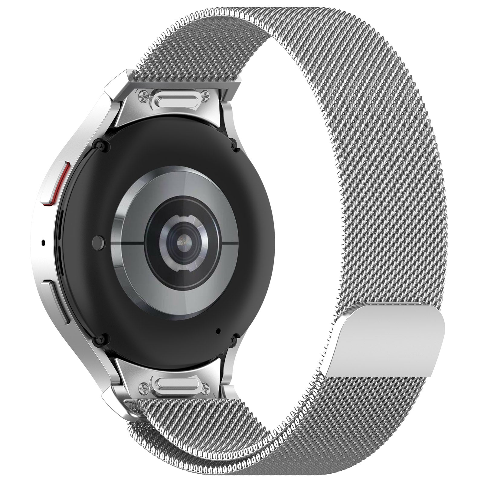 Silver stainless steel Milanese mesh smartwatch band with magnetic closure for Galaxy Watch 4 through 7