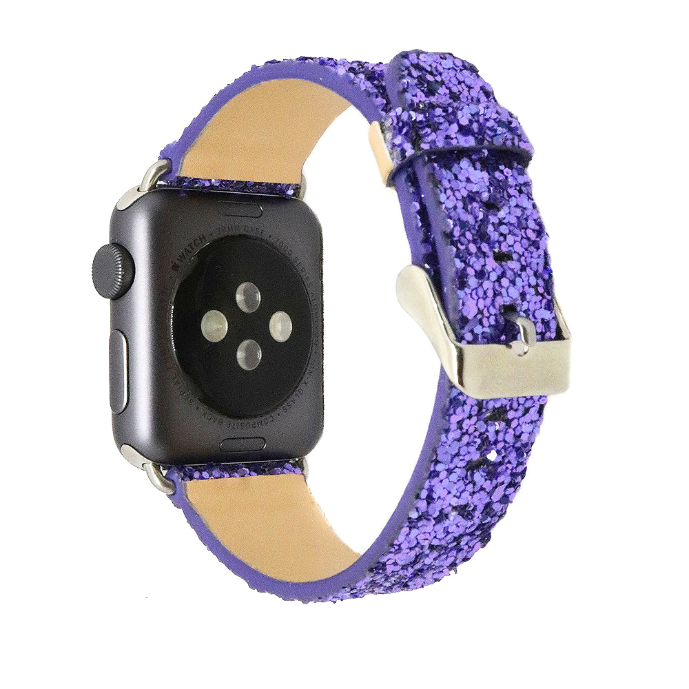 Purple glitter smartwatch band with cream leather lining and silver buckle clasp for Apple Watch