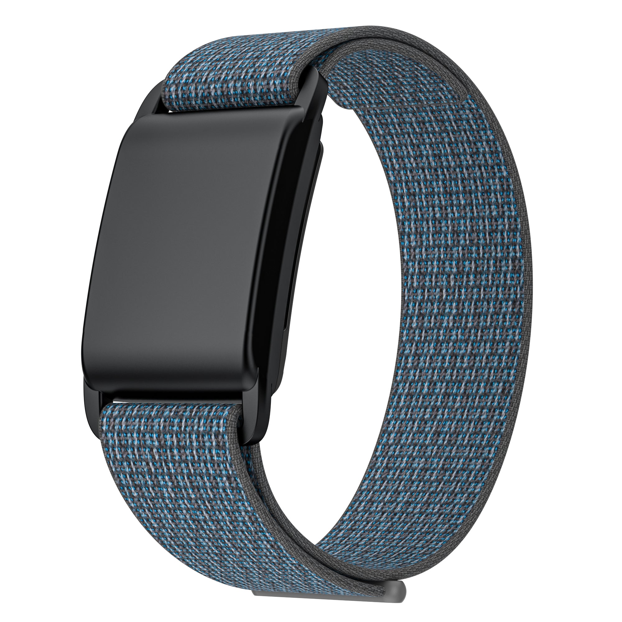 Blue and gray woven sports loop strap for fitness tracker with black buckle closure