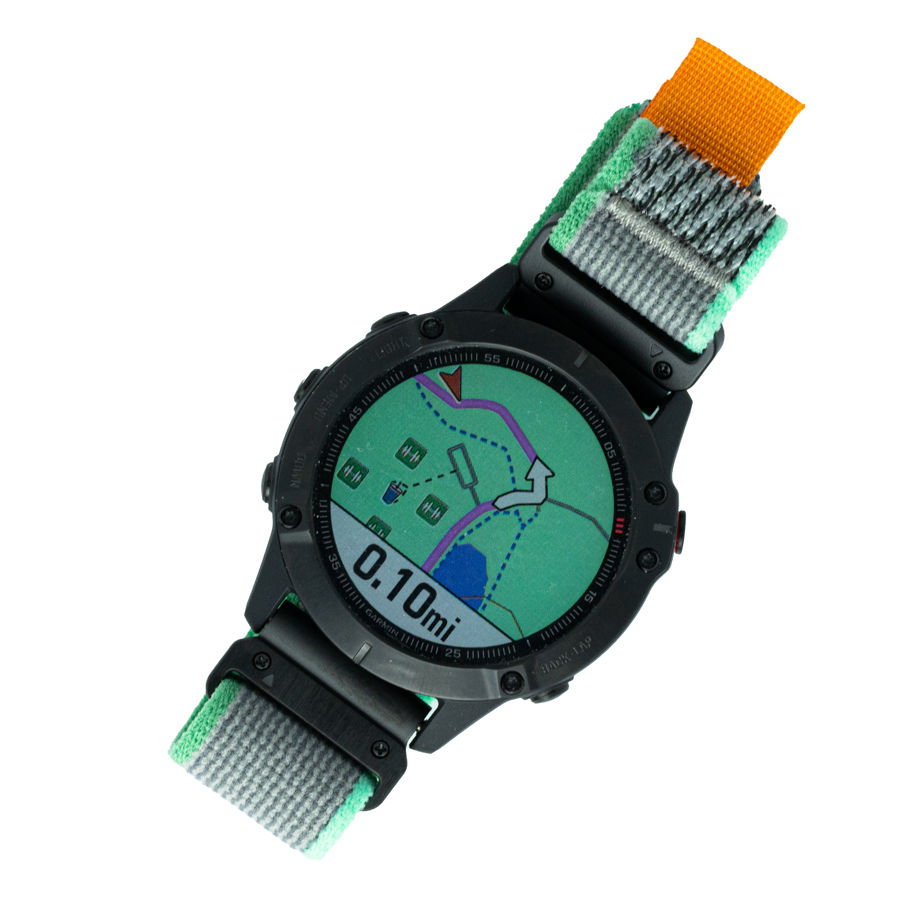 Black tactical GPS watch with green and orange fabric strap displaying trail map navigation display