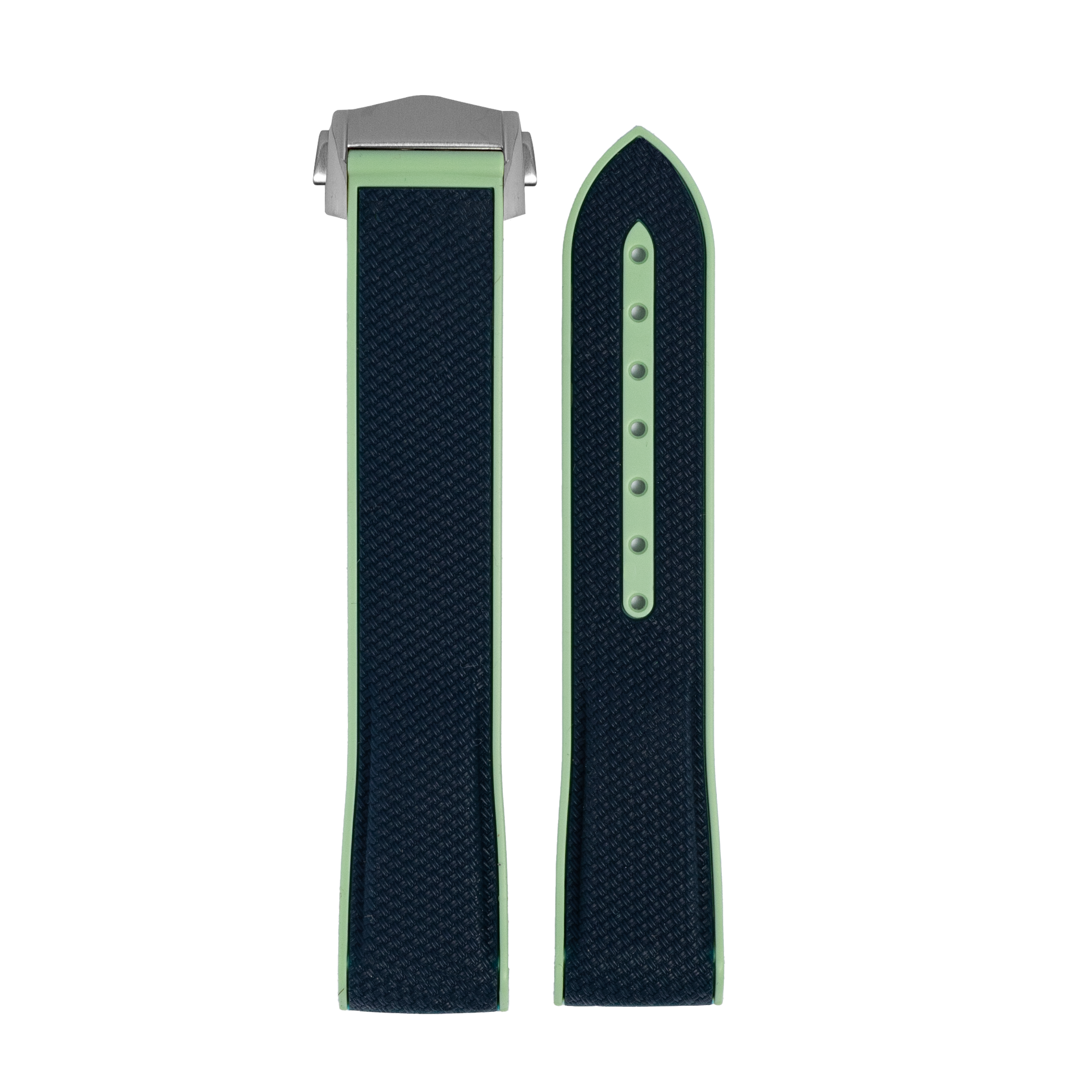 Black and green textured rubber watch strap with deployment clasp for MoonSwatch