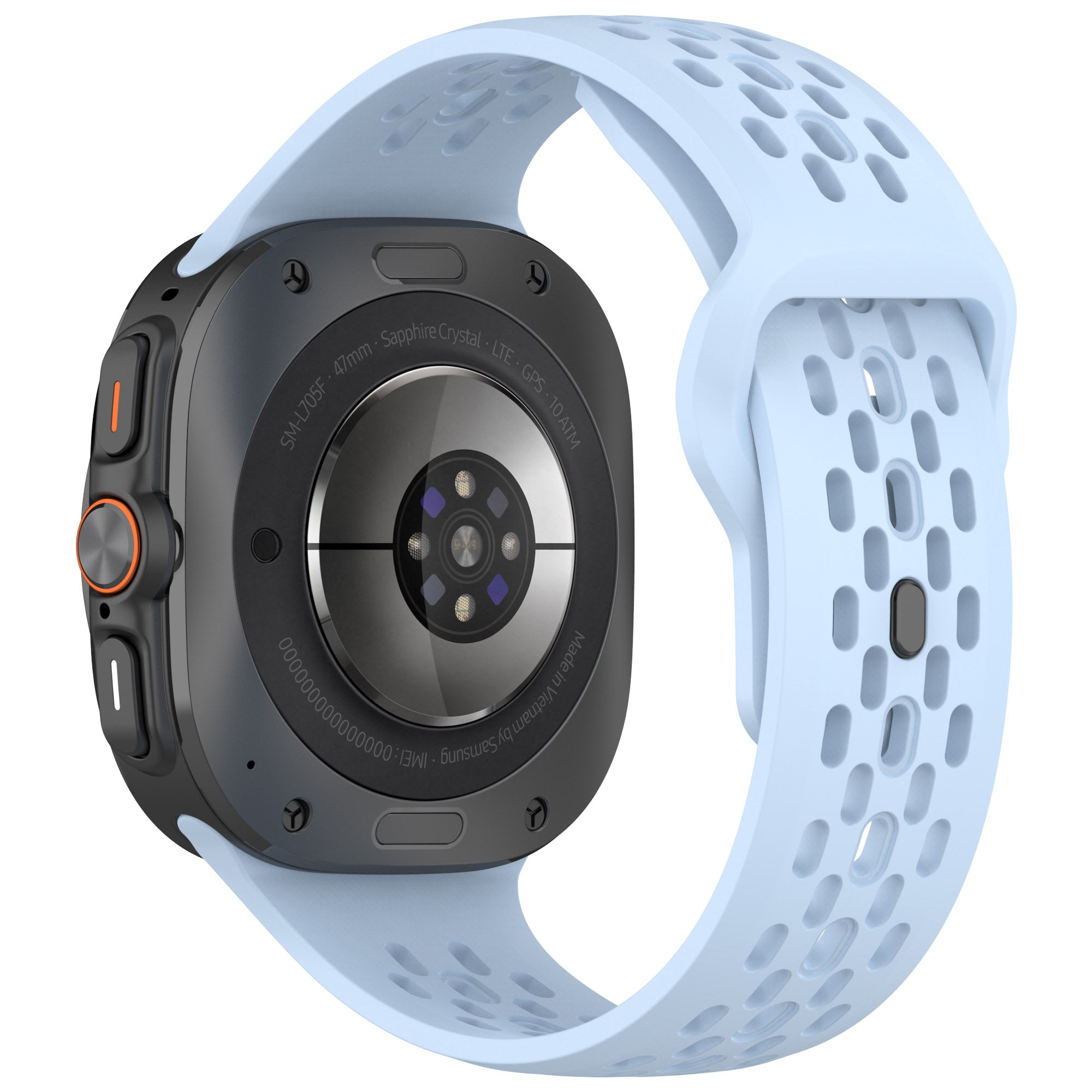 Galaxy Watch Ultra black case with light blue perforated silicone sport band, sapphire crystal display