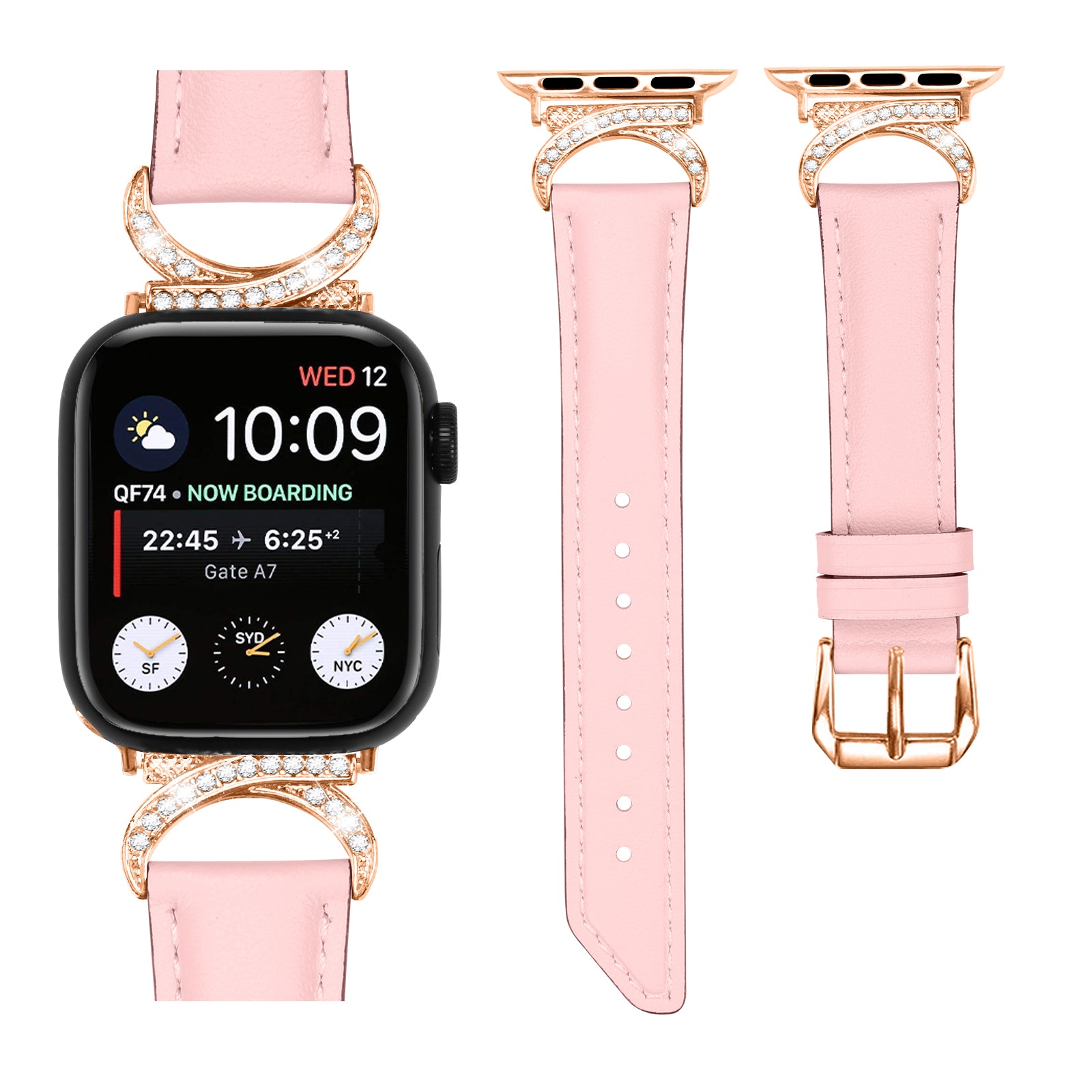 Rose gold diamond-studded smartwatch band with pink leather straps for Apple Watch, shown front and side views