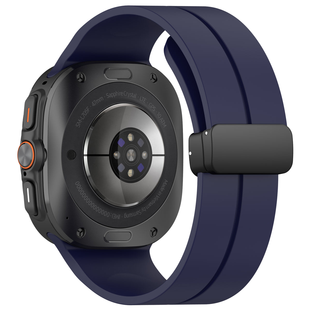 Galaxy Watch Ultra with midnight blue magnetic silicone band and deployant clasp featuring sapphire crystal display